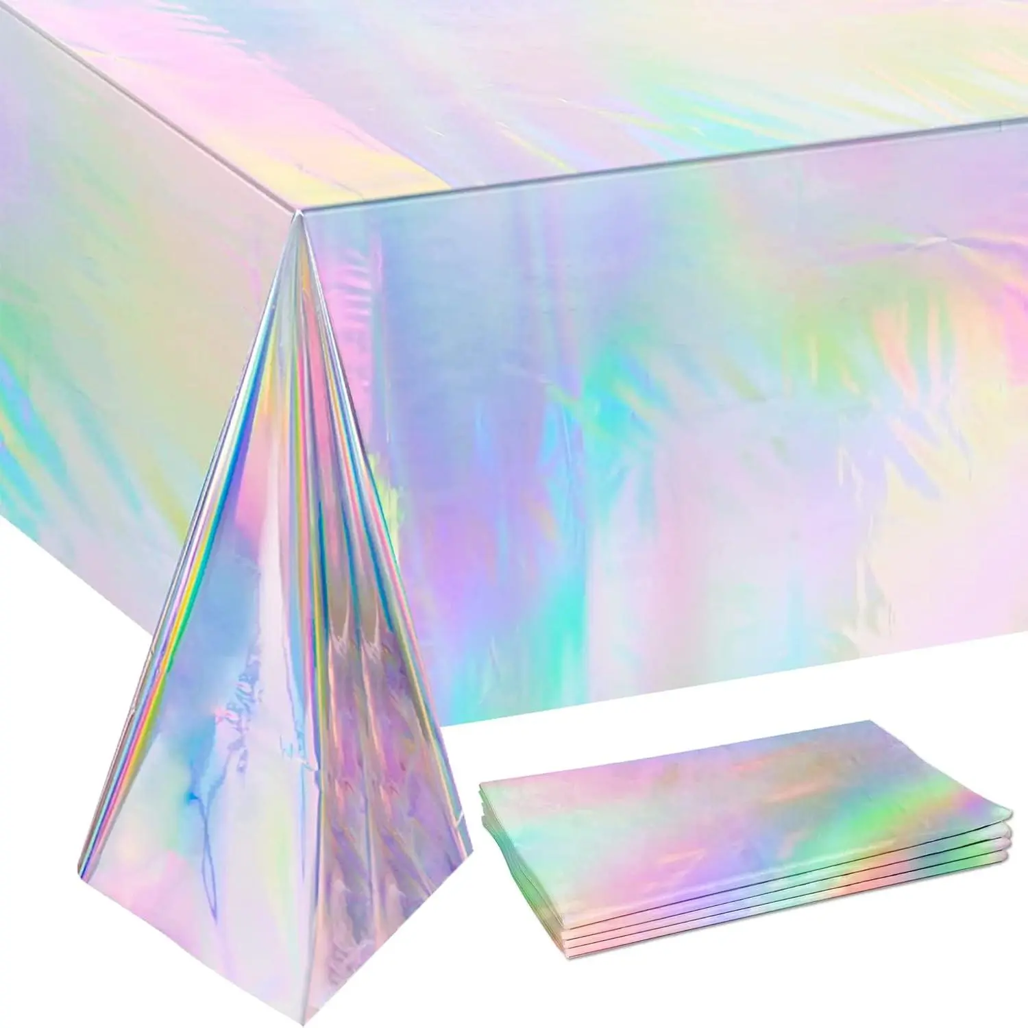 4 Pack Iridescent Plastic Disposable Tablecloths 54" x 108", Rainbow Iridescent Table Cover for Galentines Day, New Year, Birthday Disco, Bachelorette Bridal Wedding Party Decorations