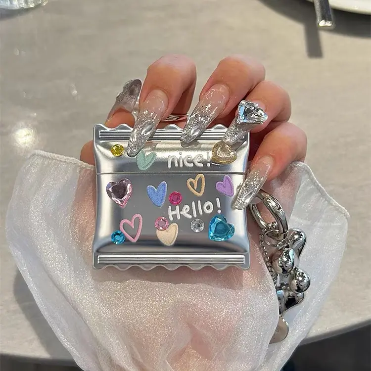 Y2K Silver Candy Bag Rhinestone Bluetooth Earbuds Case, 3D Gem Decor Protective Cover with Heart Chain, Cool Girl Earbud Accessory