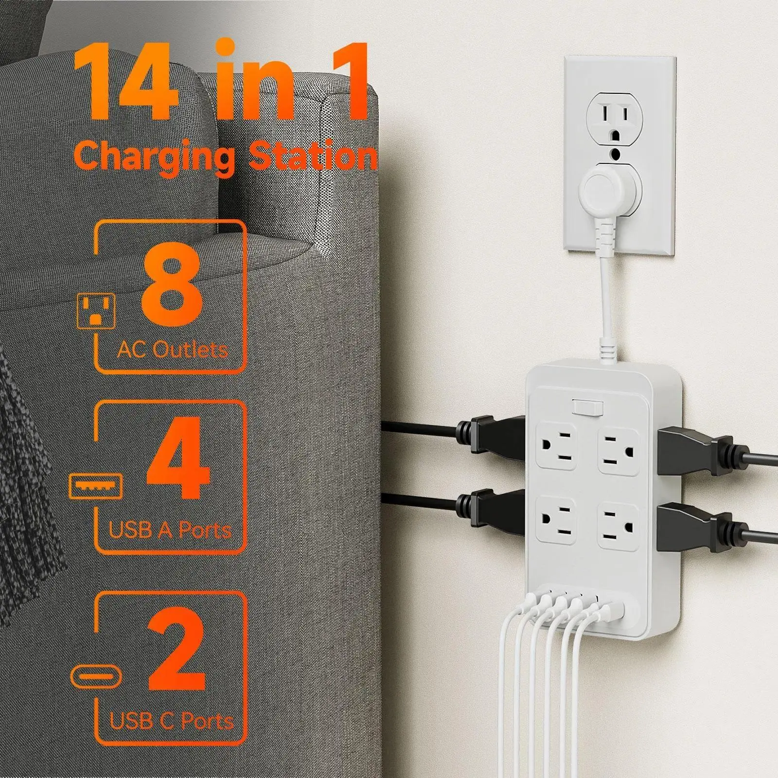 Space-Saving Modern Surge Protector Power Strip, 8-Outlet Extender with 6 USB Ports (4A+2C), Included Cable for Home/Office Use