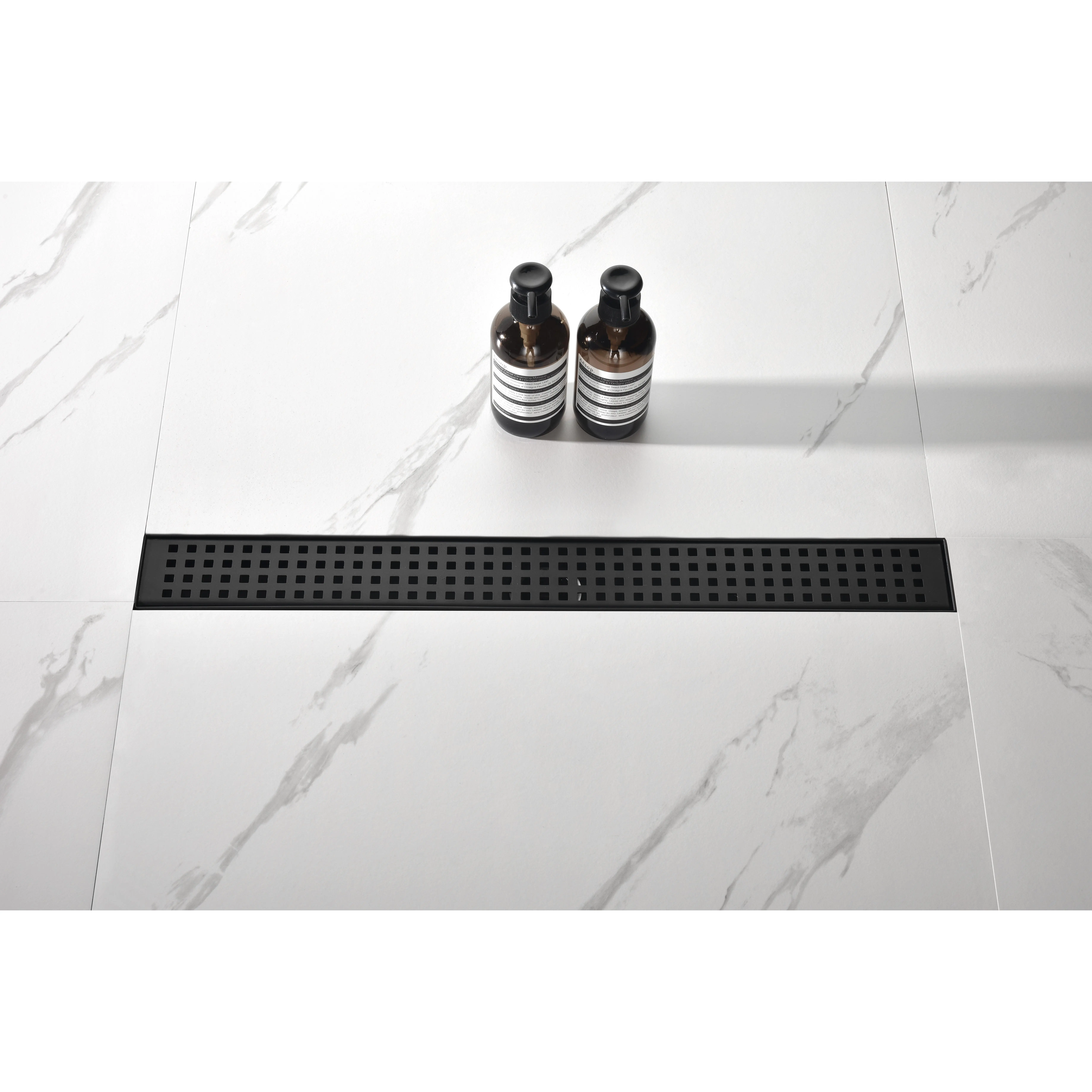 ARCH 28 Inch Linear Shower Drain with Removable Quadrato Pattern Grate, 304 Stainless Steel Shower Floor Drain with Hair Strainer and Leveling Feet, Flange, Brushed Finish, for Bathroom Shower Stall or Wet Room, Bathroom Shower Door for Bathtub