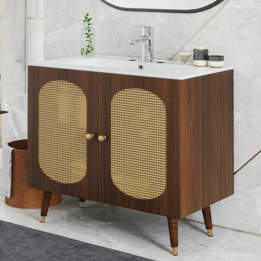Rattan Vanity With Sink, Freestanding Bathroom Vanity Cabinet, Boho Style With 2 Large Soft-Closing Doors & Four-Sided Water Barrier Strip