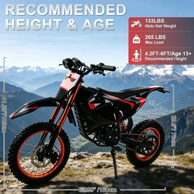 Adult Electric Off-Road Motorcycle - 60V 23AH Battery, 4500W Peak Power, 50 mph Top Speed, 14in/12in Tires, Suitable for Mountain Terrain