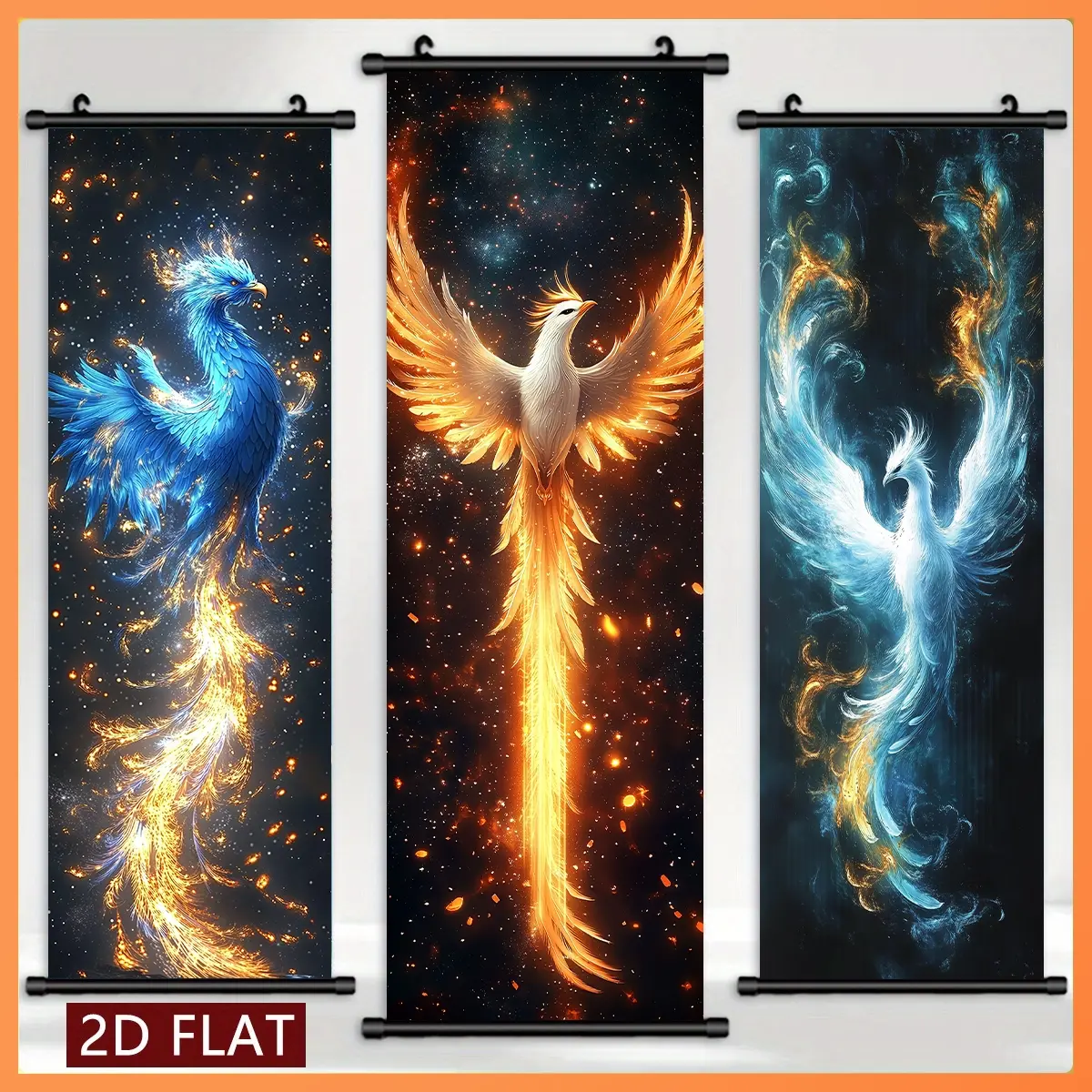 3 Pcs Phoenix Theme Scroll Paintings, High-Definition Mythical Beast Canvas Art, Wall Decor for Gaming Room & Mythology Enthusiasts