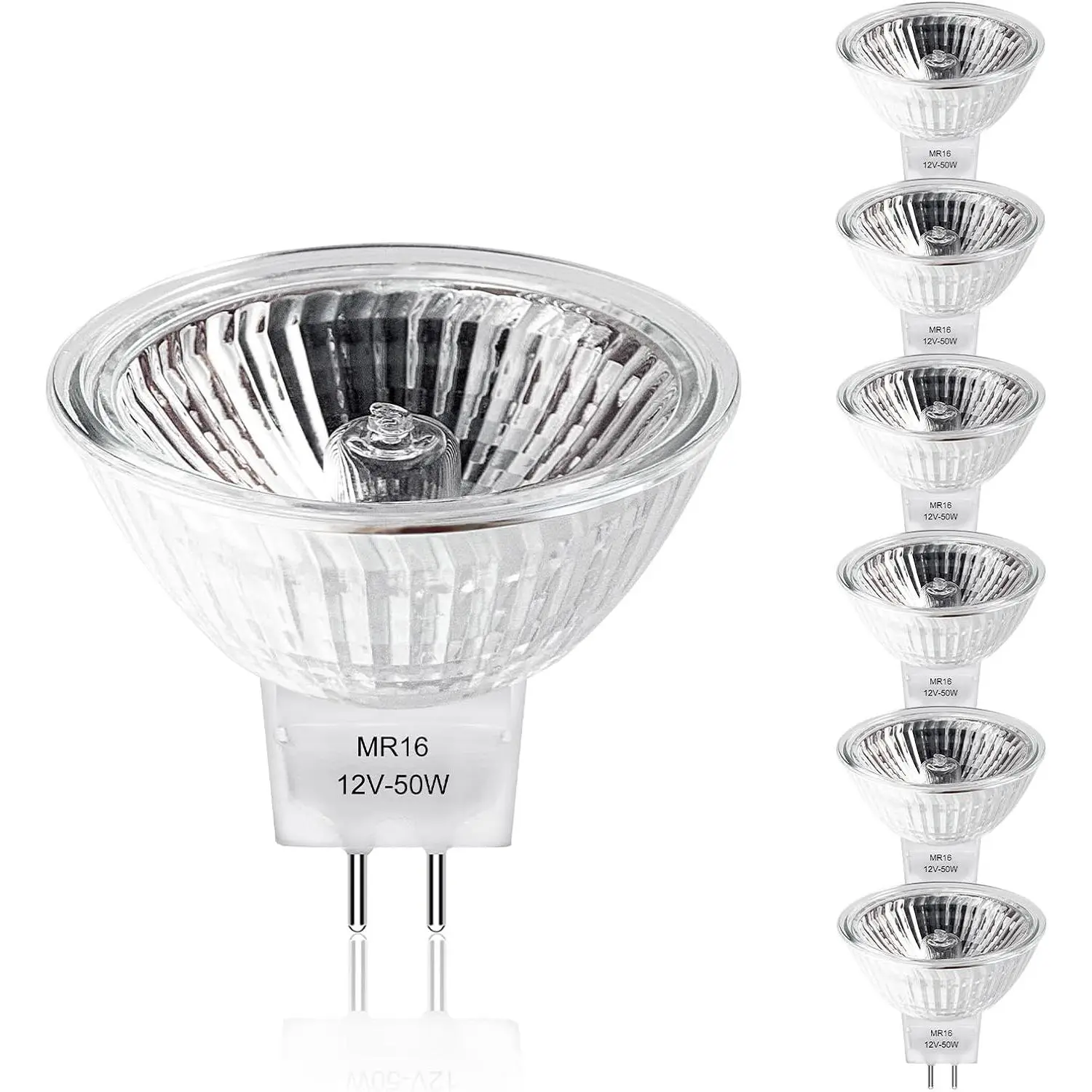 MR16 2-Pin Halogen Bulbs, 12V 50W 6-Pack Gu5.3 Base, Dimmable 2700K Warm White Bulbs for Landscape Lights, Track Lights, Fiber Optics, Desk Lamps