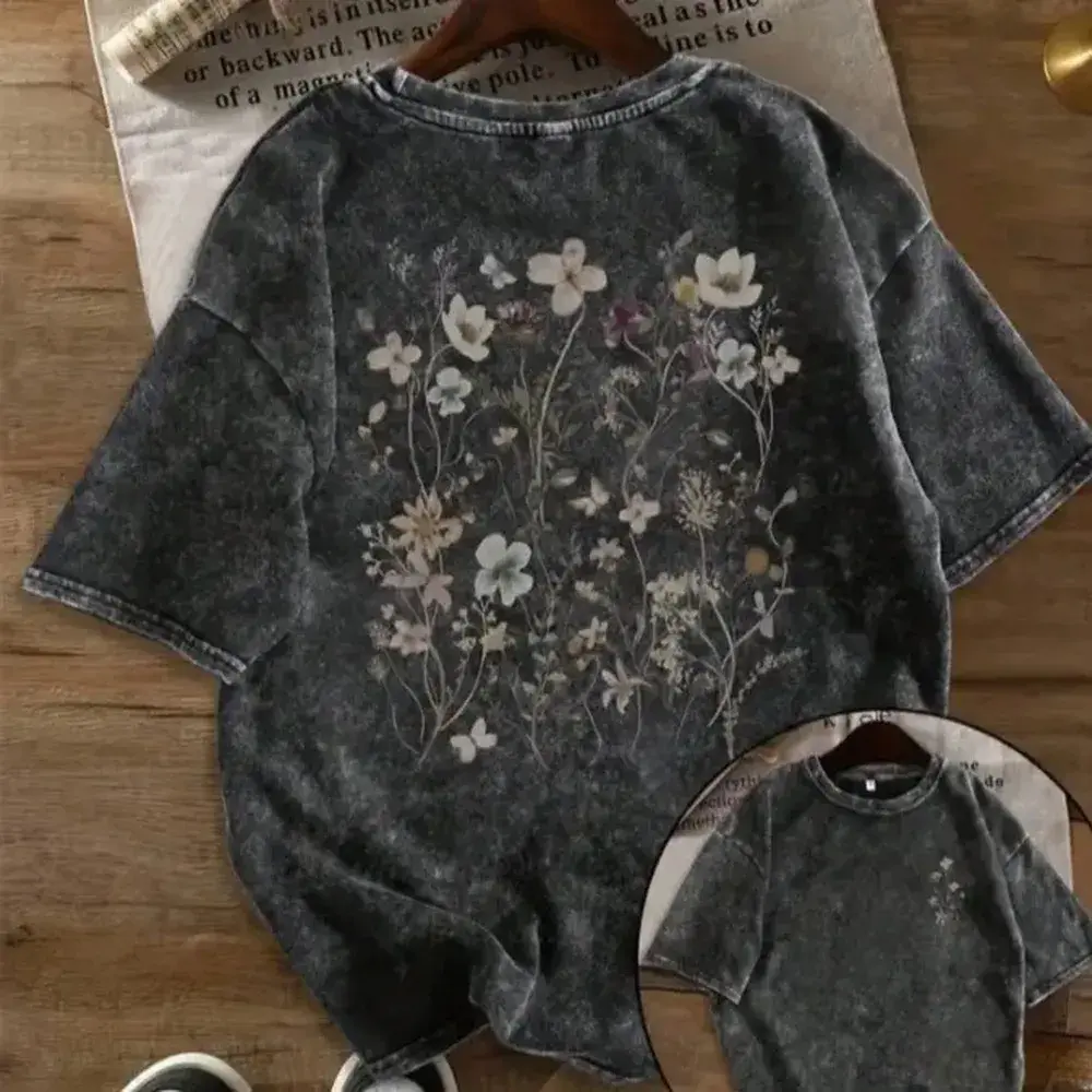 Vintage Washed "Vintage Floral" Double-Sided Print Tee |   230gsm Heavyweight Streetwear, Unisex Oversized Crew Neck Fit, Soft Breathable Cotton Casual Layering Top for Men & Women