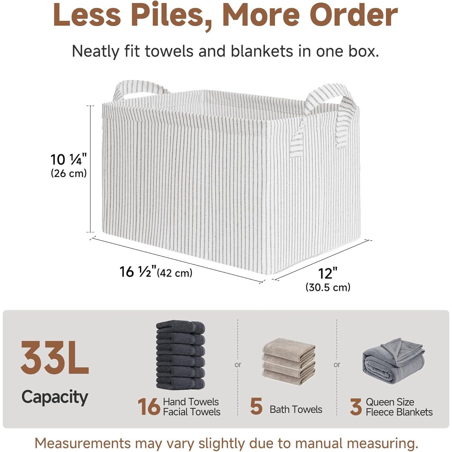 2-Pack Large Fabric Storage Bins for Shelves, Khaki and Beige Striped Storage Baskets with Metal Frame and Handles, Foldable Closet Organizer Bins