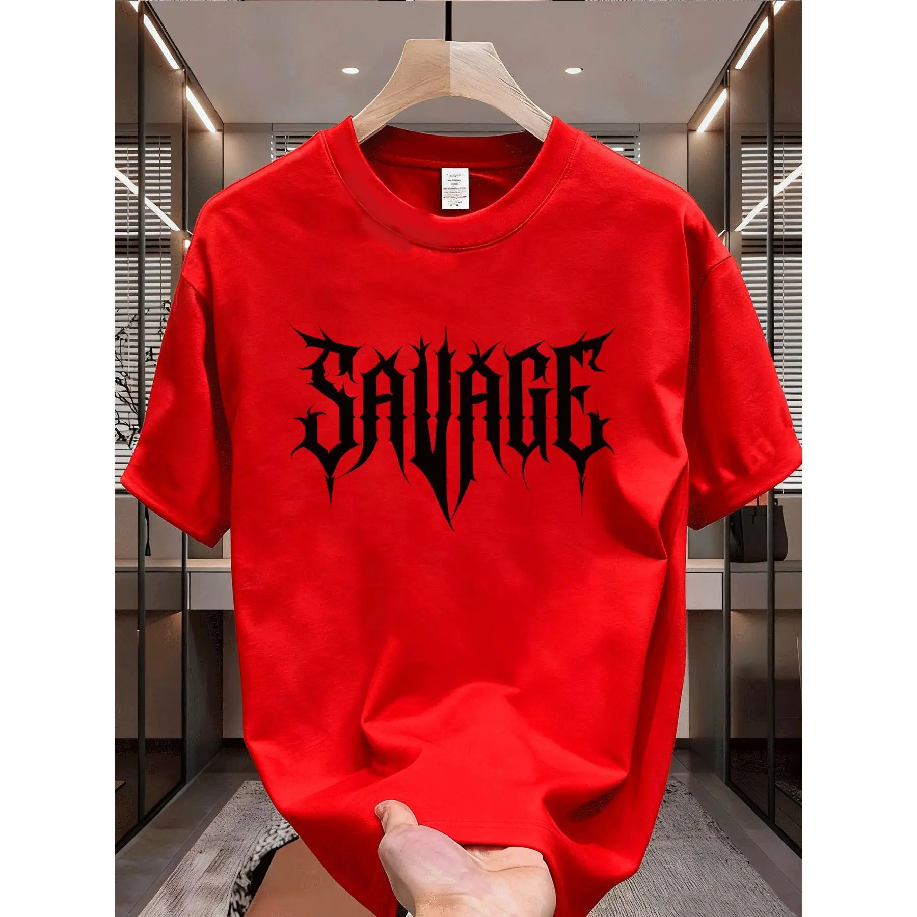 Men's Gothic 'Savage' Letter Print T-Shirt, Casual Short Sleeve Crew Neck, Stretch Knit Pullover Top for Weekend Wear, Shortsleeve, Tops, Fabric