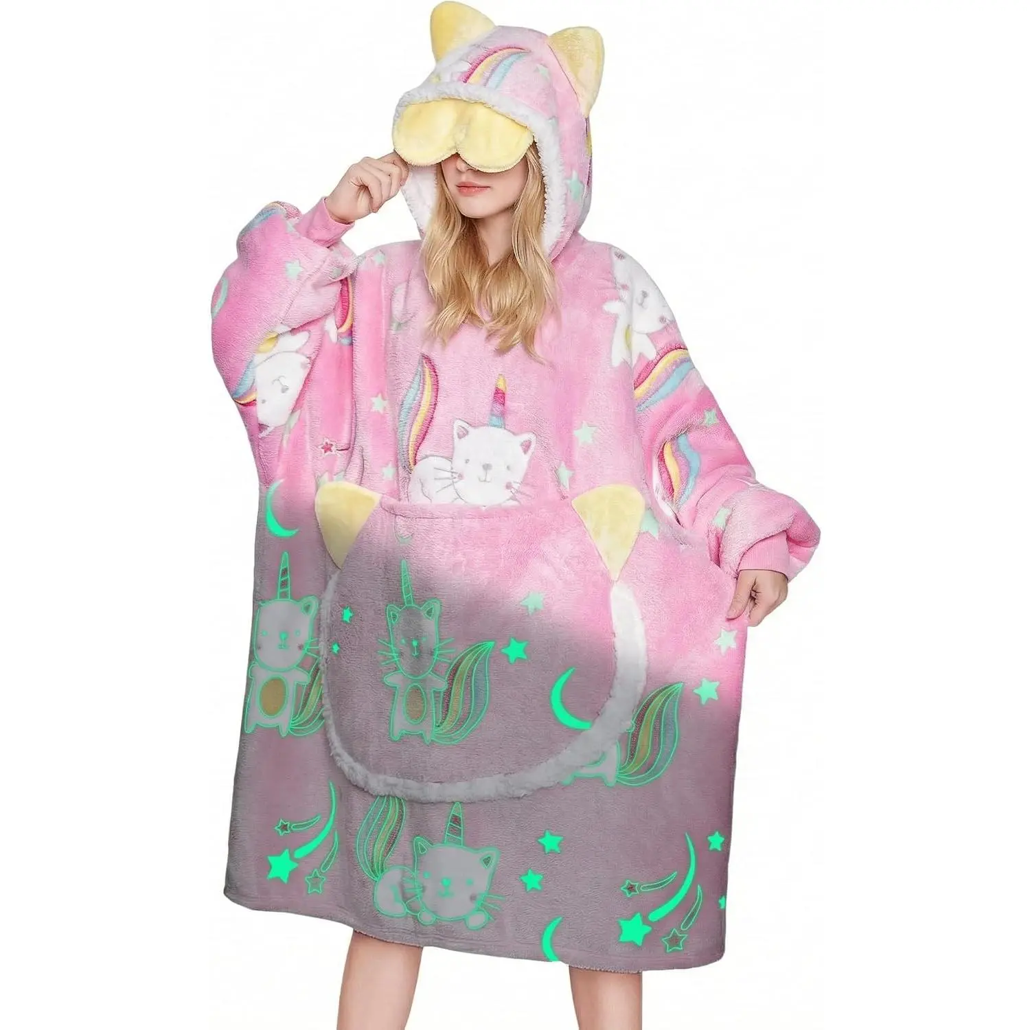 Wearable Blanket Hoodie, Hooded Blanket Glow in the Dark  |  Print Blanket Hoodie, Flannel Fabric, Machine Wash, Pockets, Glow in the Dark