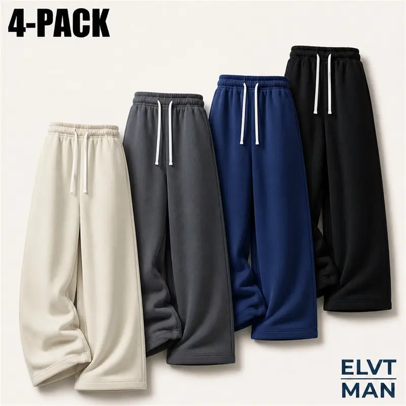Men's 4-Pack Knitted Full-Length Sweatpants Set, Assorted Solid Colors, Drawstring Elastic Waist, Wide Leg Cut, Loose-Fit, Side Pockets, Multi-Size, for Casual Wear, Walking, Travel (Wash Separately)