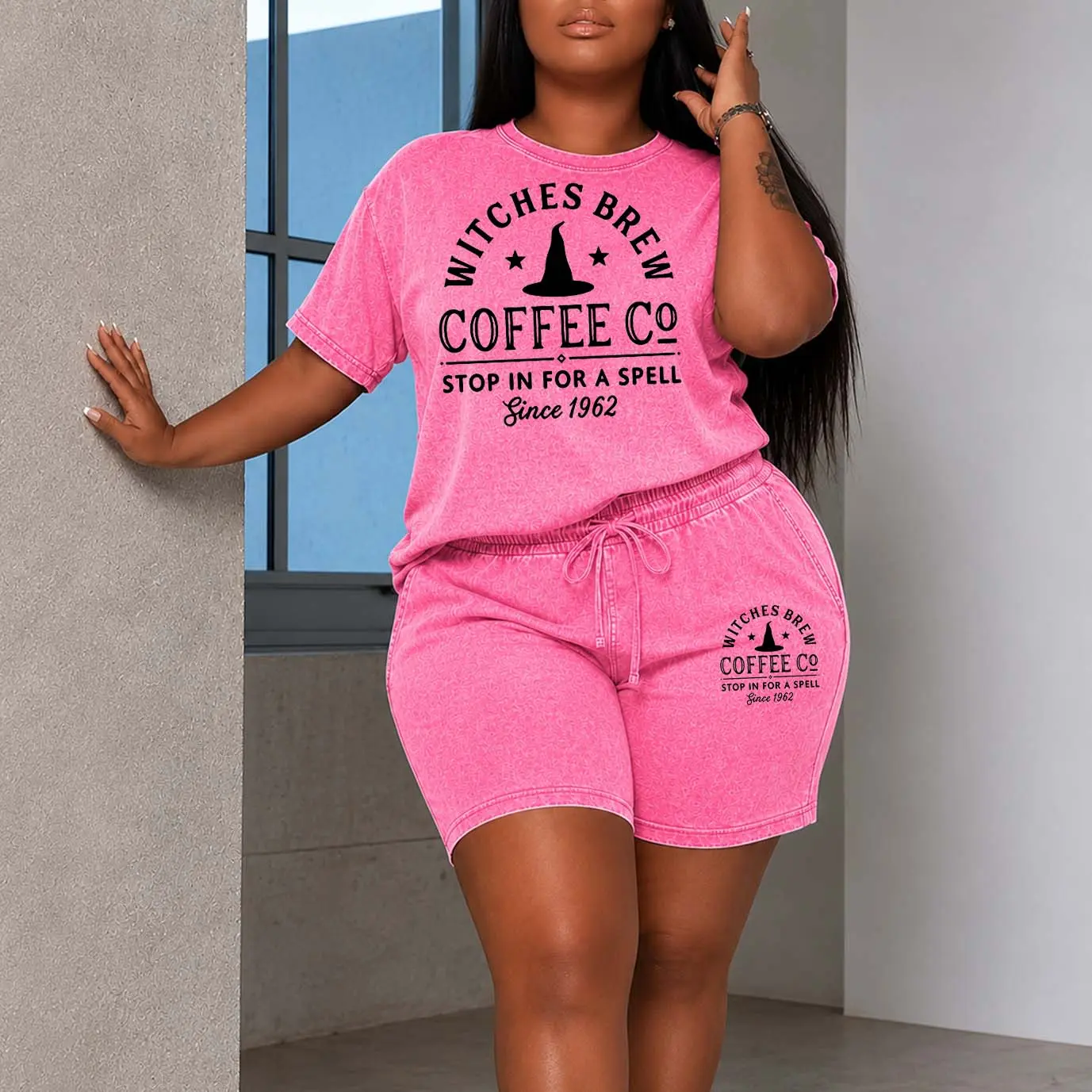 Women's Washed Cotton Shorts Two-Piece Set: A Uniquely Styled Halloween Ghost-Themed Party Outfit. Featuring Witches Brew Coffee Co Patterns, And Pumpkin Designs. Also Suitable As Casual Summer Loungewear.