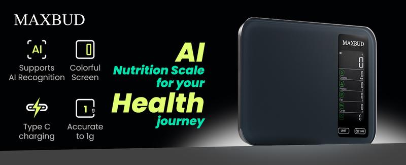 MAXBUD AI Nutrition Scale with APP Function, Food Ai Scanning for 19 Nutrients, Rechargeable Glass Design for Fitness & Travel, Food Nutritional Scale