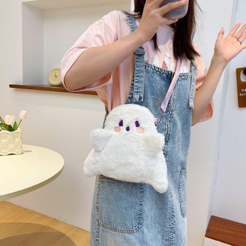 Y2k Cute Ghost Plush Backpack Kawaii Fluffy Crossbody Bag Cartoon Women Messenger Fashion Shoulder Bag Girl Casual Purse Handbag