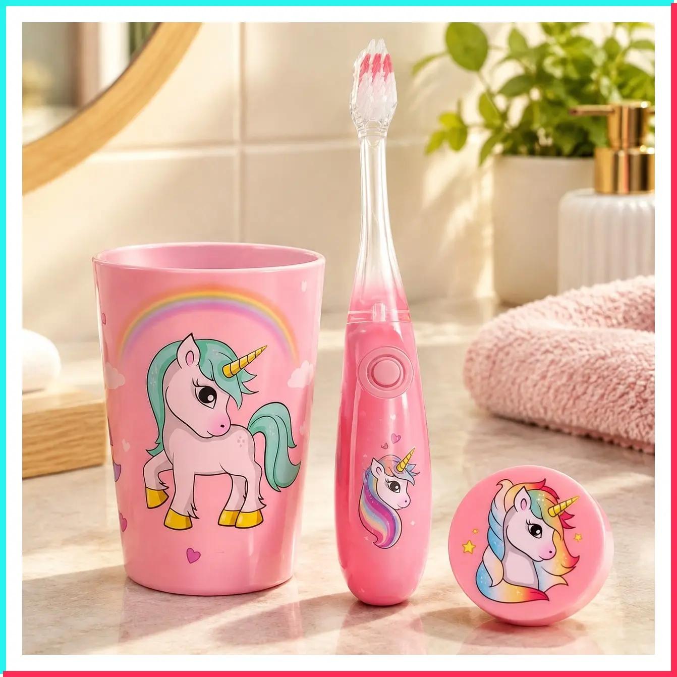 Kids Flashing Timer Toothbrush with Soft Bristles, Rising Cup & Cover - Fun 2-Min Light-Up Brushing for Children - Toddler Soft Toothbrush Kit (Unicorn)