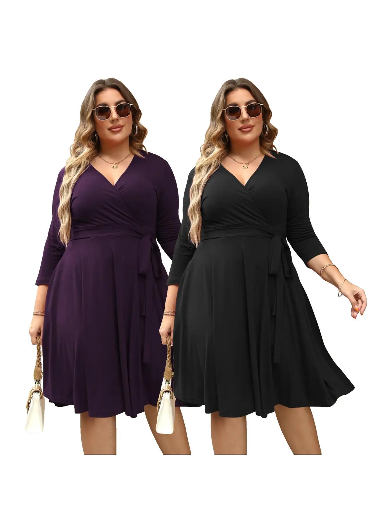 【Plus Size】Trendy Plain Wrap V Neck Belted A Line Plus Size Dress, Women's 3/4 Length Sleeve Solid Dress, Fall Outfit