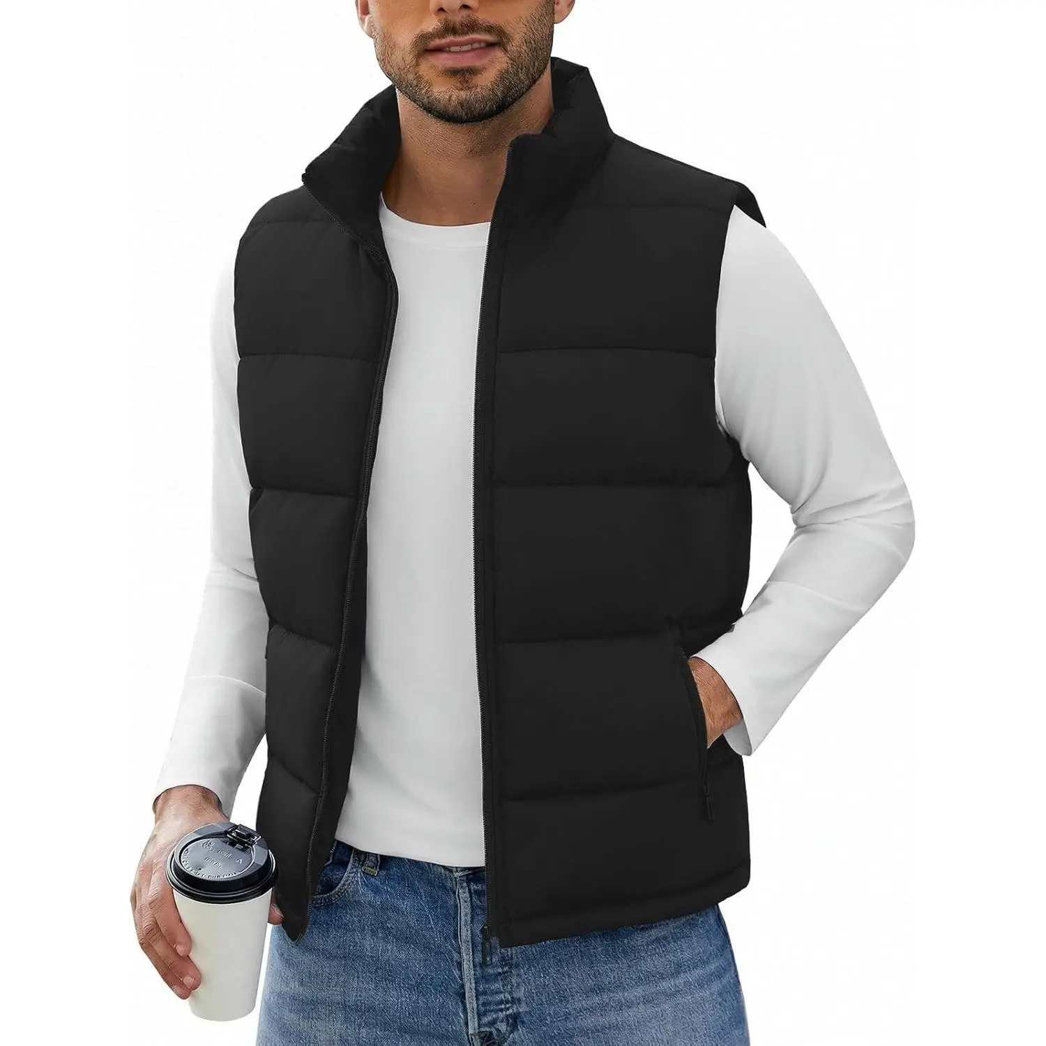 Men's Casual Puffer Vest Lightweight Full Zip Up Work Sleeveless Jacket Stand Collar Outerwear with 3 Pockets