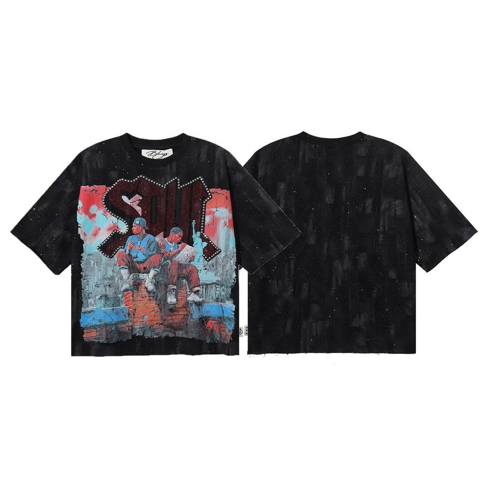 Vintage Washed Heavyweight BKYS Hip Hop T-Shirt, Bling Rhinestone & Hot Stamping Glitter Graphic, Retro Y2K Streetwear Loose Cotton Short Sleeve Tee for Men Women