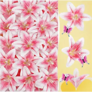 32 Pack Large Artificial Lilies Flower Heads with Realistic Stamens 5.5" Faux Fake Lily Silk Flower Heads Bulk with Butterfly for DIY Crafts Cake Wedding Bridal Wreaths Table Home Party Decoration