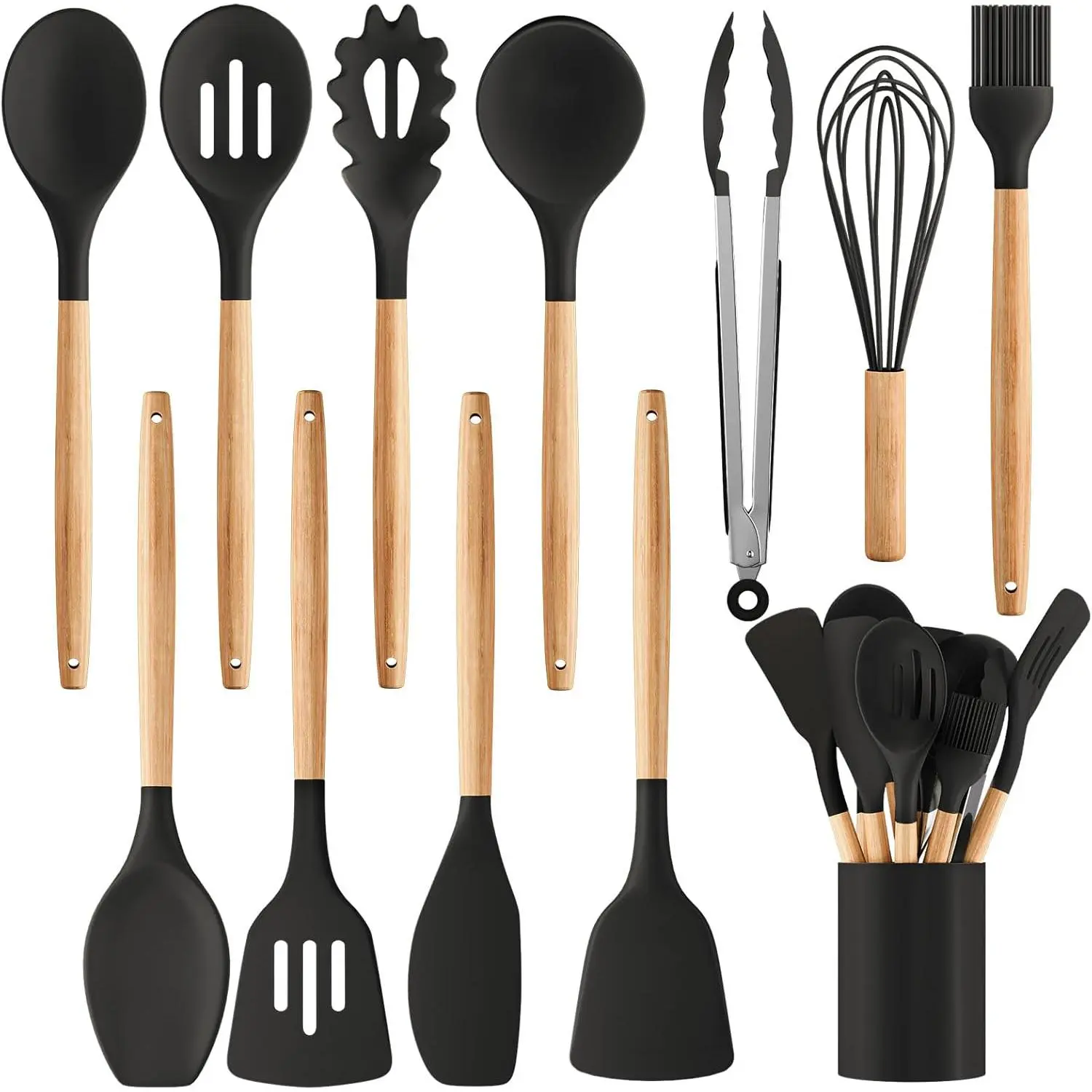 Silicone Kitchen Utensils Set - Heat-Resistant Cooking Tools with Wooden Handles, Nonstick Cookware Safe Spatulas, Turners, Spoons & Holder, BPA-Free Kitchen Gadgets for All Cooking Needs