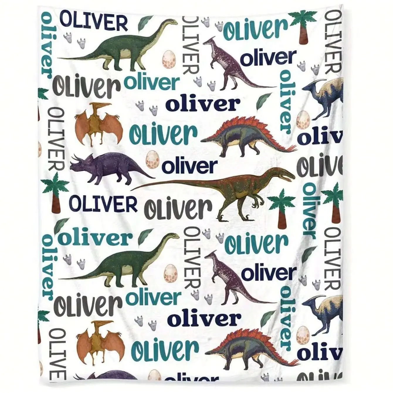Personalized Dinosaur Name Blanket, Waterproof & Washable, Soft Polyester, Geometric Pattern, Ideal for Bedroom, Sofa, Office