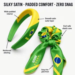 Brazil Flag Hair Accessories Set, Green Yellow Scrunchie Headband Clips, Satin Fan Gear for Soccer Match Day, Parade, Party, Womens Brazilian Pride Collection