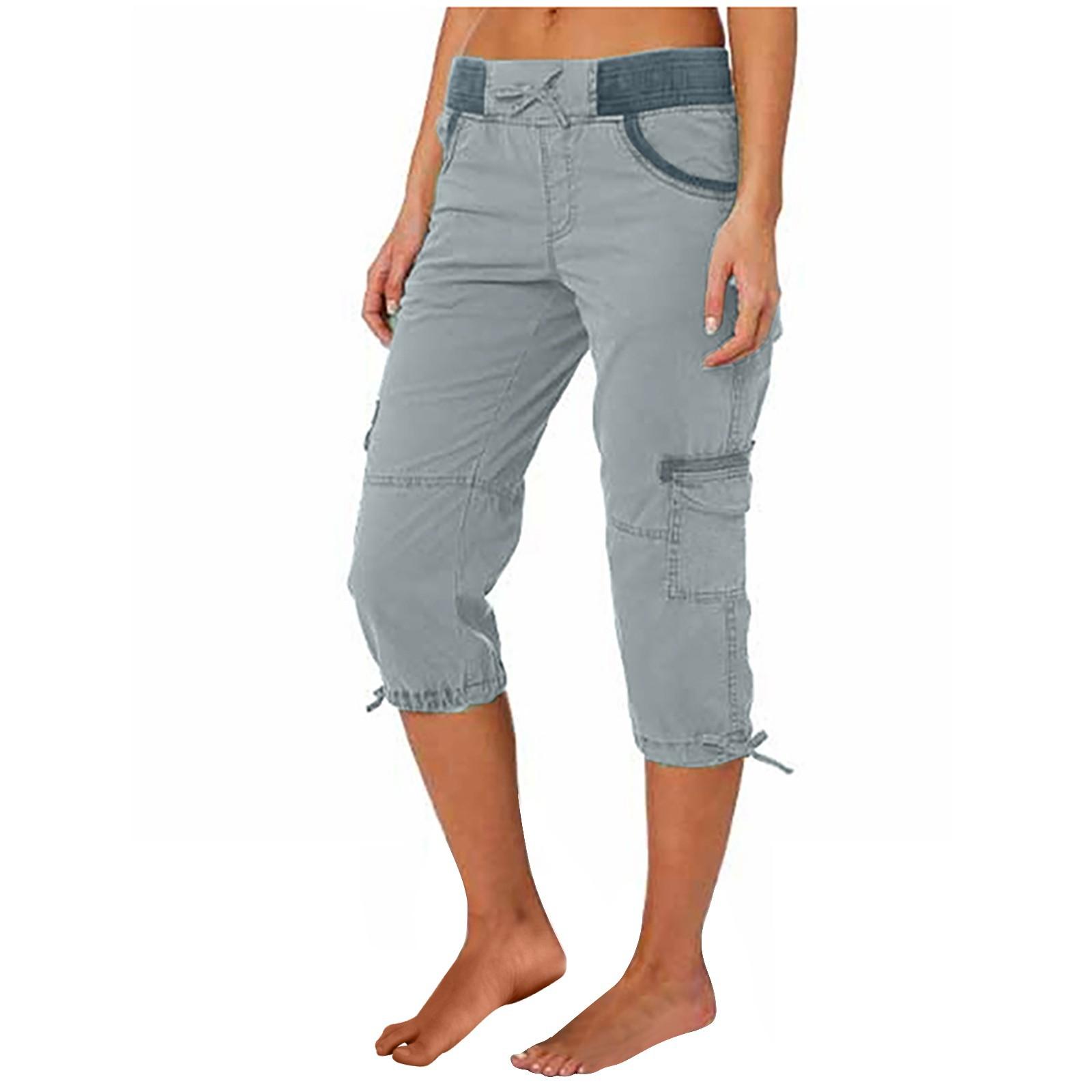 Women Cargo Capris Soild Casual Pants With Pocket Drawstring Outdoor Hiking Pants Women'S Slacks Thin Streetwear Tops Chic White Womenswear Bottom Comfort Basic