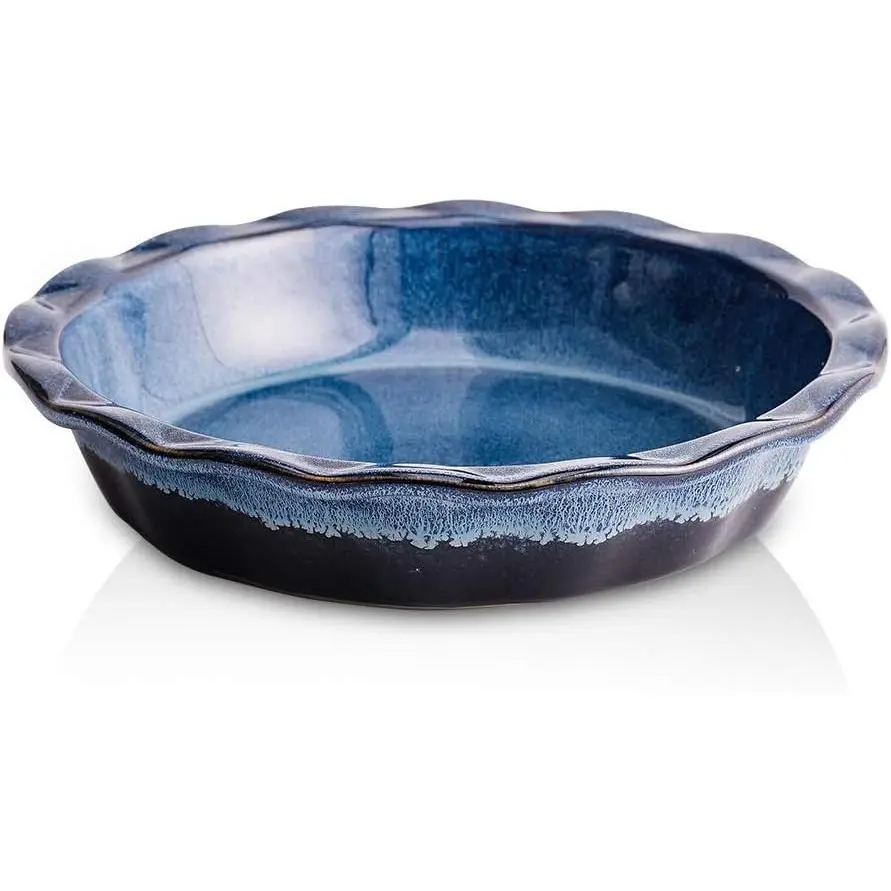 9 Inches Round Ceramic Pie Plate, Reactive Glaze Baking Dish Pan for Kitchen Dessert Baking Dinner, Nebula Blue with Wrapping Upgrade