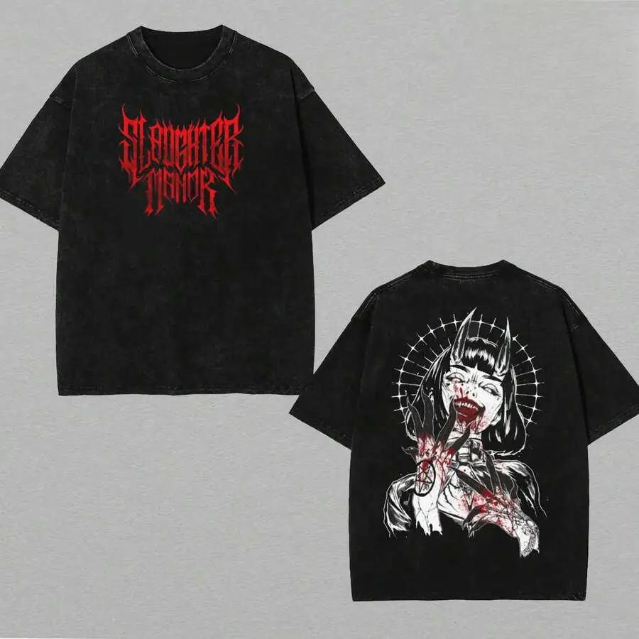 Daily Casual Unisex Washed Cotton T Shirt Sharp Red Slaughter Manor Gothic Letter Chest Full Bloody Horned Demon Girl Sun Halo Grunge Back Graphic Crew Neck Short Sleeve Soft Lightweight Dark Aesthetic Enthusiast Apparel