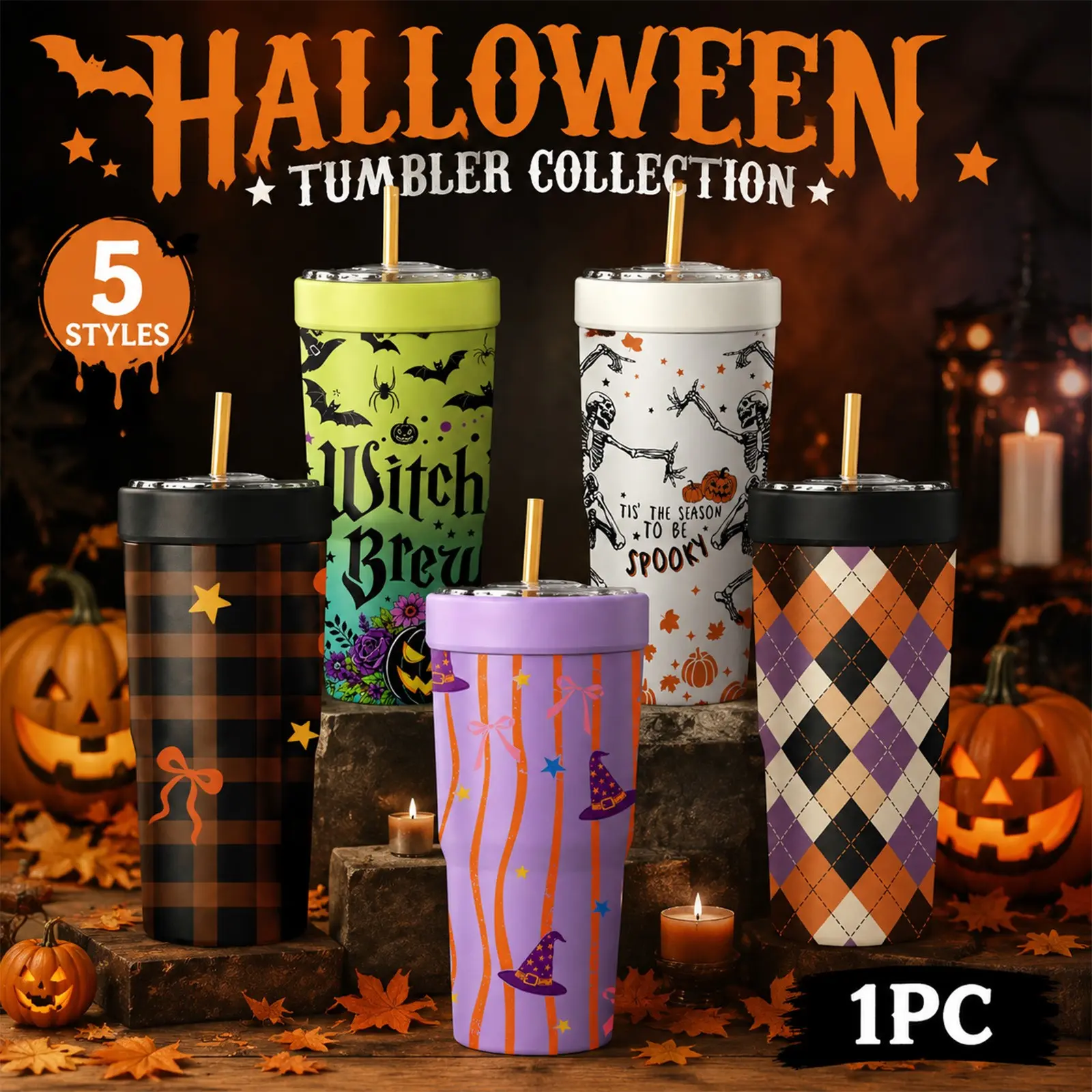 Summer Vibes1PC 32oz Halloween Print 2-in-1 Insulated Tumbler & Iced Coffee Cup Sleeve, Leak-Proof Double Wall Stainless Steel Travel Mug, Cold 12+H & Hot 6+H, Fits 16–24oz To-Go Cups, Halloween, Thanksgiving & Christmas Gift for Friends & Family