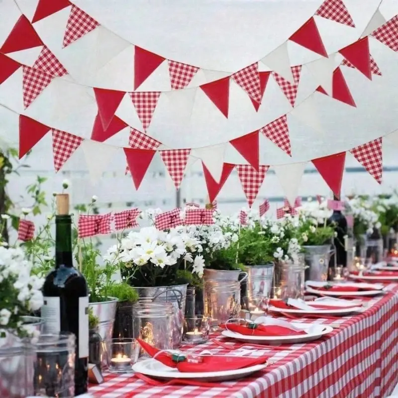 12pcs/Bag Red White Plaid Bunting Banner Flag, Party Decoration Banner, Triangle Bunting Garland Decorations For Wedding Birthday Carnival Christmas Outdoor Home Festivals