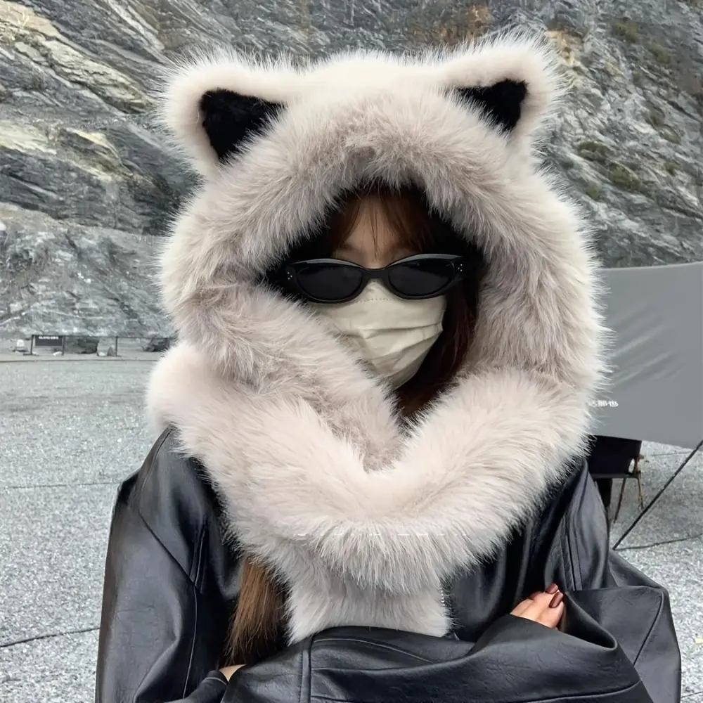 2 In 1 Faux Cat Ear Hood Hat with Integrated Scarf, Unisex Soft Polyester Lightweight Warm Winter Beanie, Cute Cat Ear Headwear for Themed Parties Bachelor Parties Casual Daily Wear