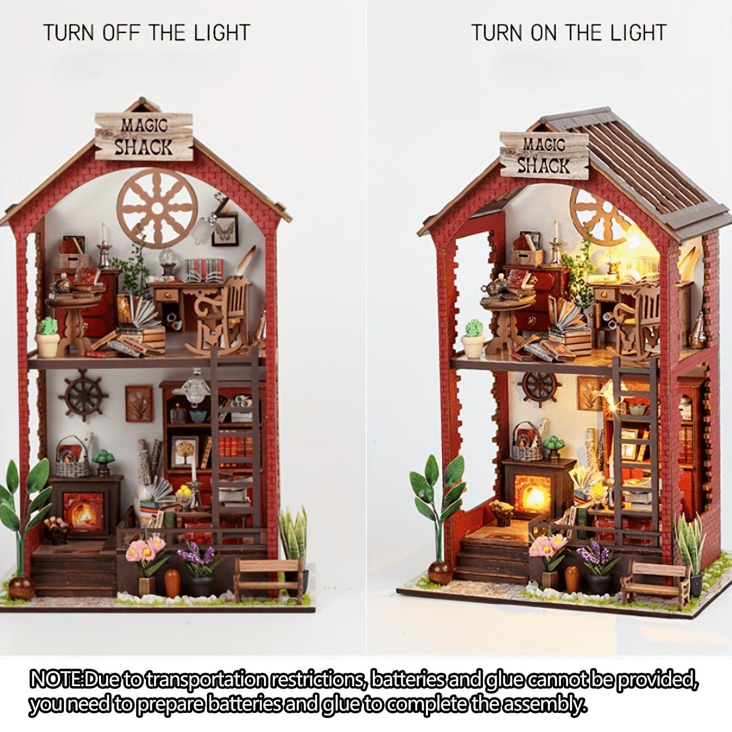 DIY Wooden Book Nook Kit, DIY Miniature House Kit with Light, 3D Desktop Decoration Ornament, DIY Model Kit for Bookshelf Decoration, House Building Kit