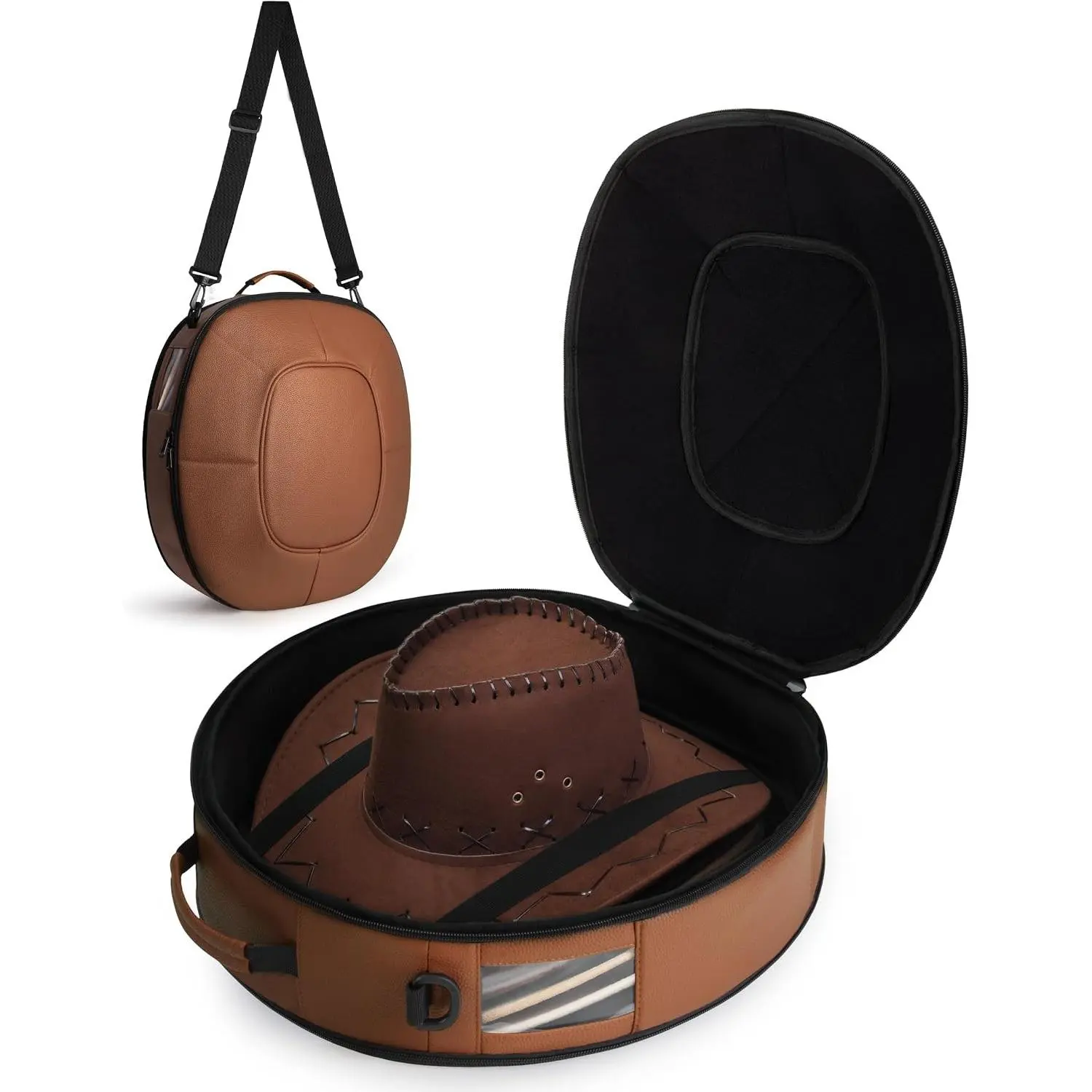 Marscamd Vegan Leather Hat Box Fits 4 Cowboy or Wide-Brim Hats, Dark Brown | Padded Storage Case, Shoulder Strap, Trolley Sleeve, For Travel or Home Storage - Dome Series