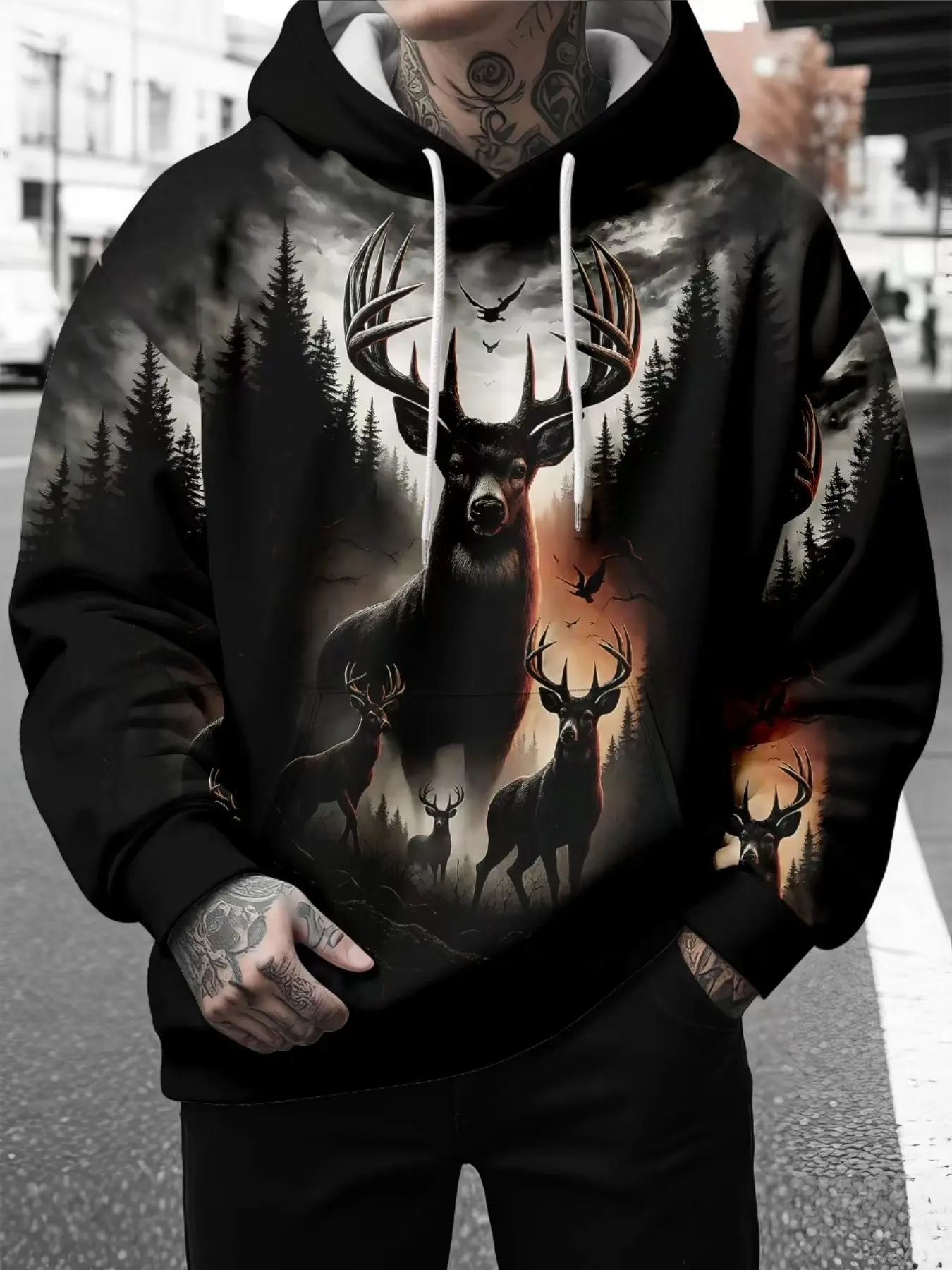 Men Outdoor Wildlife Forest Elk Eagle   Print Drawstring Hoodie, Vintage Nature Landscape Long Sleeve Pullover Sweatshirt For Street Casual Camping Daily Outfit