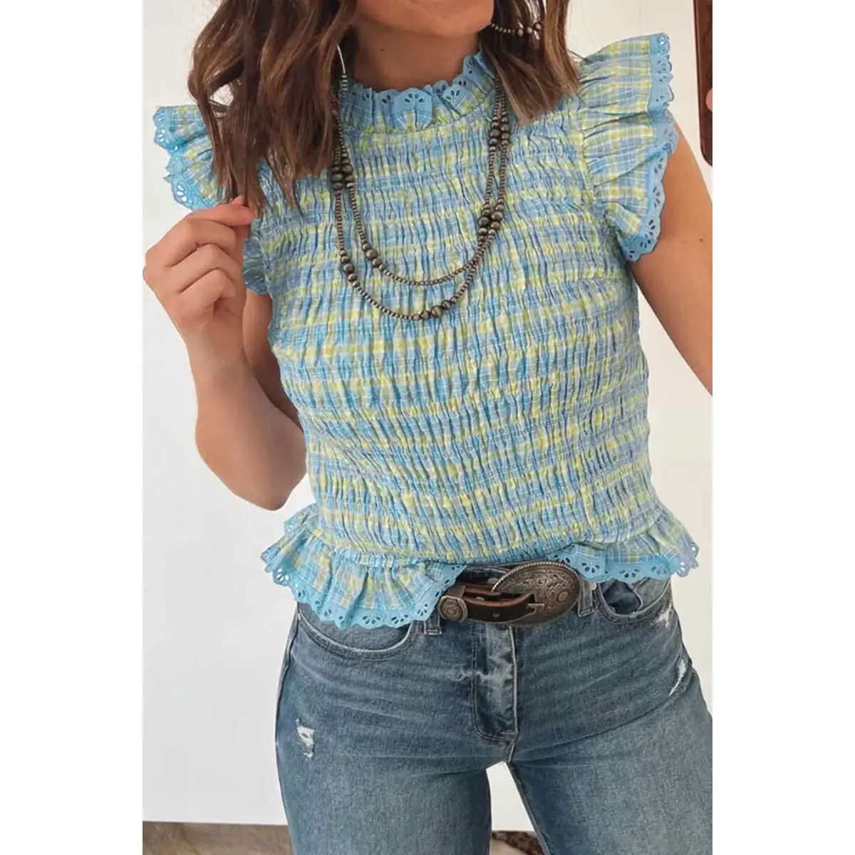 Women's Western Gingham Plaid Tank Top - Breathable Soft Fabric, Smocked Round Neck, Ruffled Eyelet Trim Detail Sleeves, Casual Summer Blouse