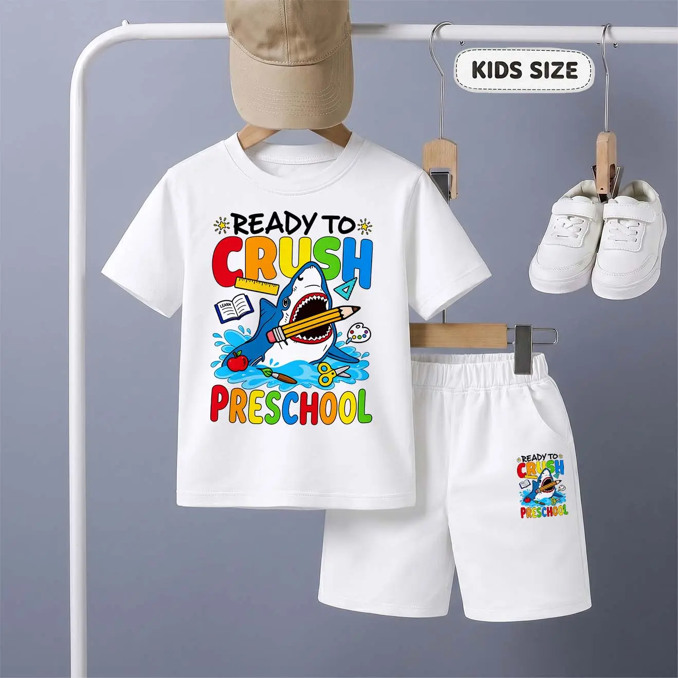 Boys' Classic 2-Piece Set - Cartoon Printed Round Neck T-Shirt and Shorts, Comfortable Breathable Kids Size Outfit for Preschoolers, Basic