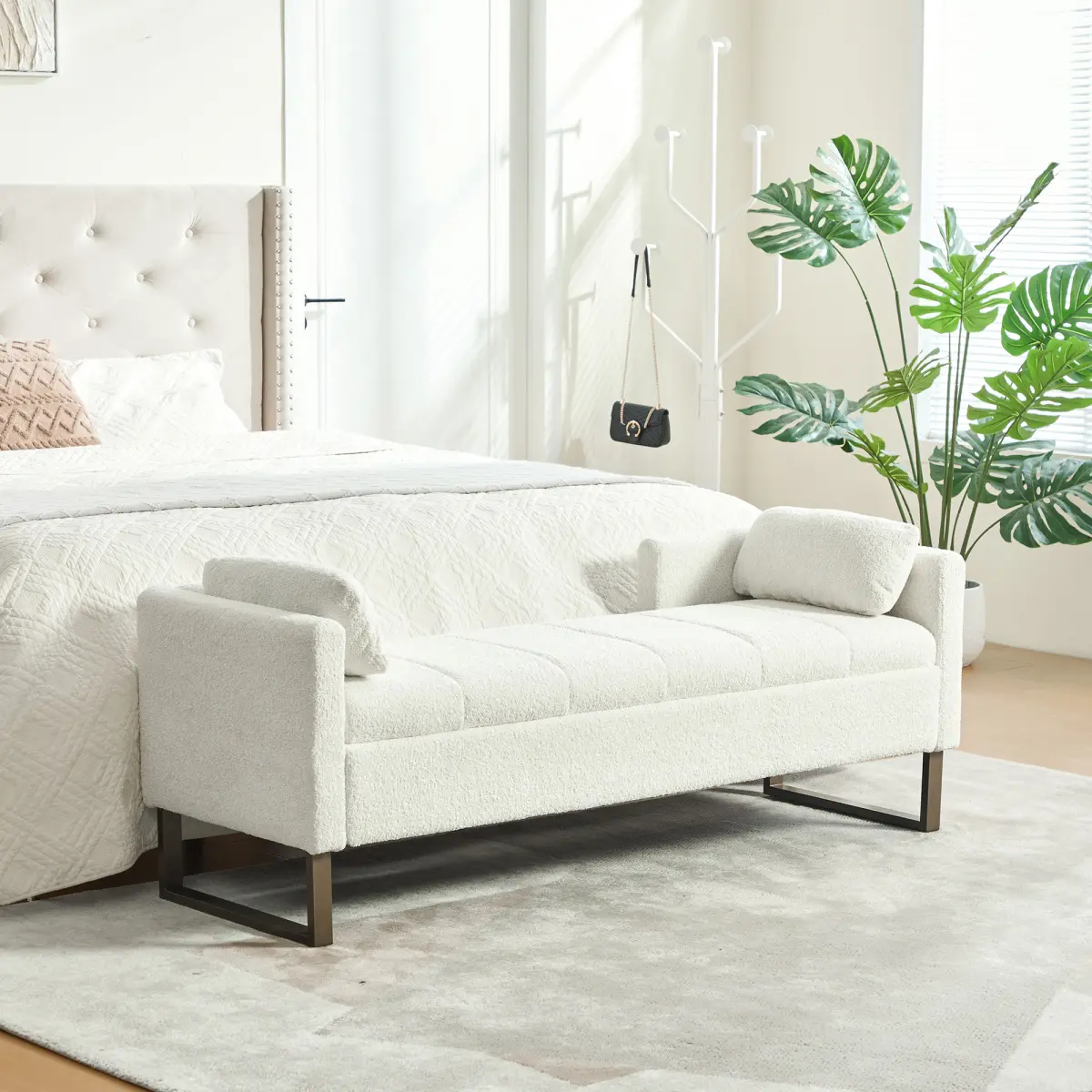 [Fahuac] Chenille Fabric Multipurpose Furniture Rectangle Storage Bench with Bolster Pillows, Upholstered Ottoman with Hidden Storage, Metal Legs & Engineered Wood, Adjustable Easy Setup Reading Nook-Windowsill Seat