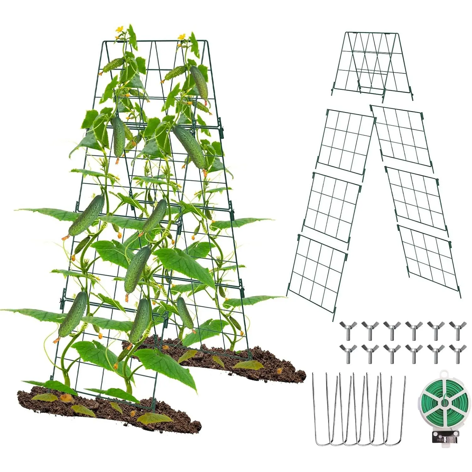 Heavy Duty 48"x16" Adjustable A-Frame Cucumber Trellis for Climbing , Foldable Frame Rust-Proof Metal Trellis with Dense Grid, for Raised Beds, Garden,Tomatoes,Outdoor(Green)