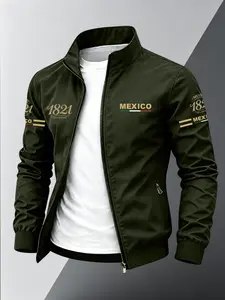 Men's Spring Fall Bestselling Stand Collar Zipper Baseball Jacket, Mexico Flag Cultural Print, Daily Commute, Outdoor Windproof, Streetwear