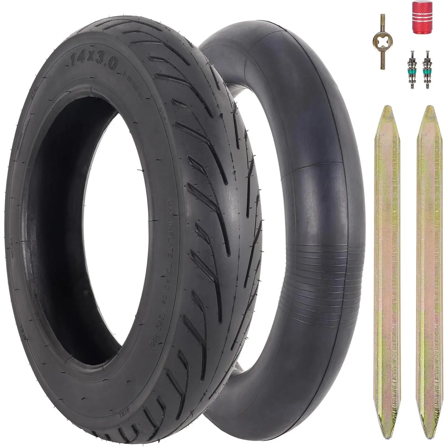 14x3.0 E-Bike Tire Set - 14x3 Bike Tire Tube with Angled Valve for Folding E-Bike, Folding Bicycle, Electric Tricycle - with Wide Range of Practical Accessories - 1/2 Pack