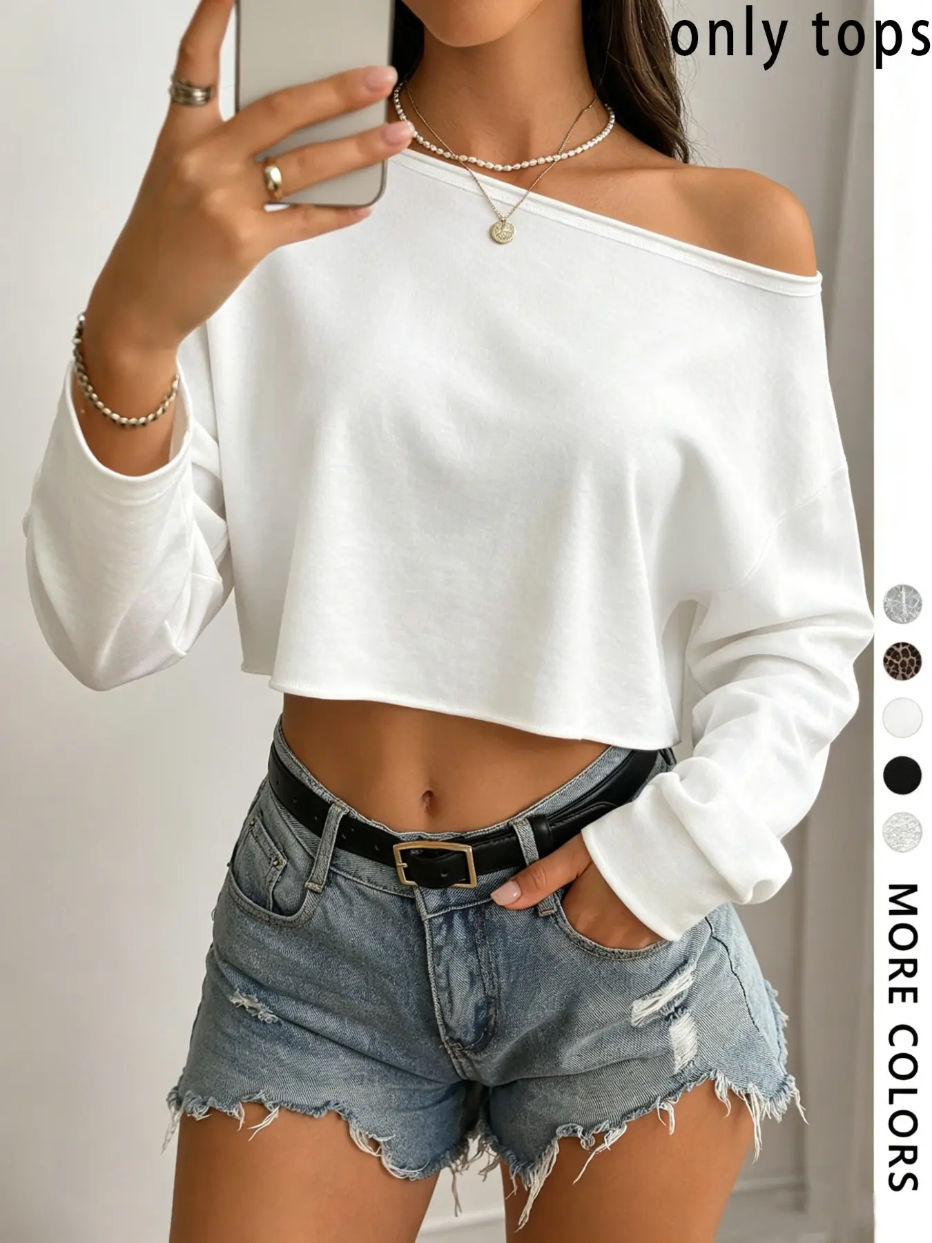 TikTok Viral Women Off Shoulder Cropped Sweatshirt, Oversized Slant Neck Long Sleeve Crop Top, Soft Rib Cuff Y2K Coquette Casual Streetwear, Loose Navel Pullover For Daily Campus Club, Plain Multi Color Tops For Teen Girls 2026 Hot Baggy Fashion