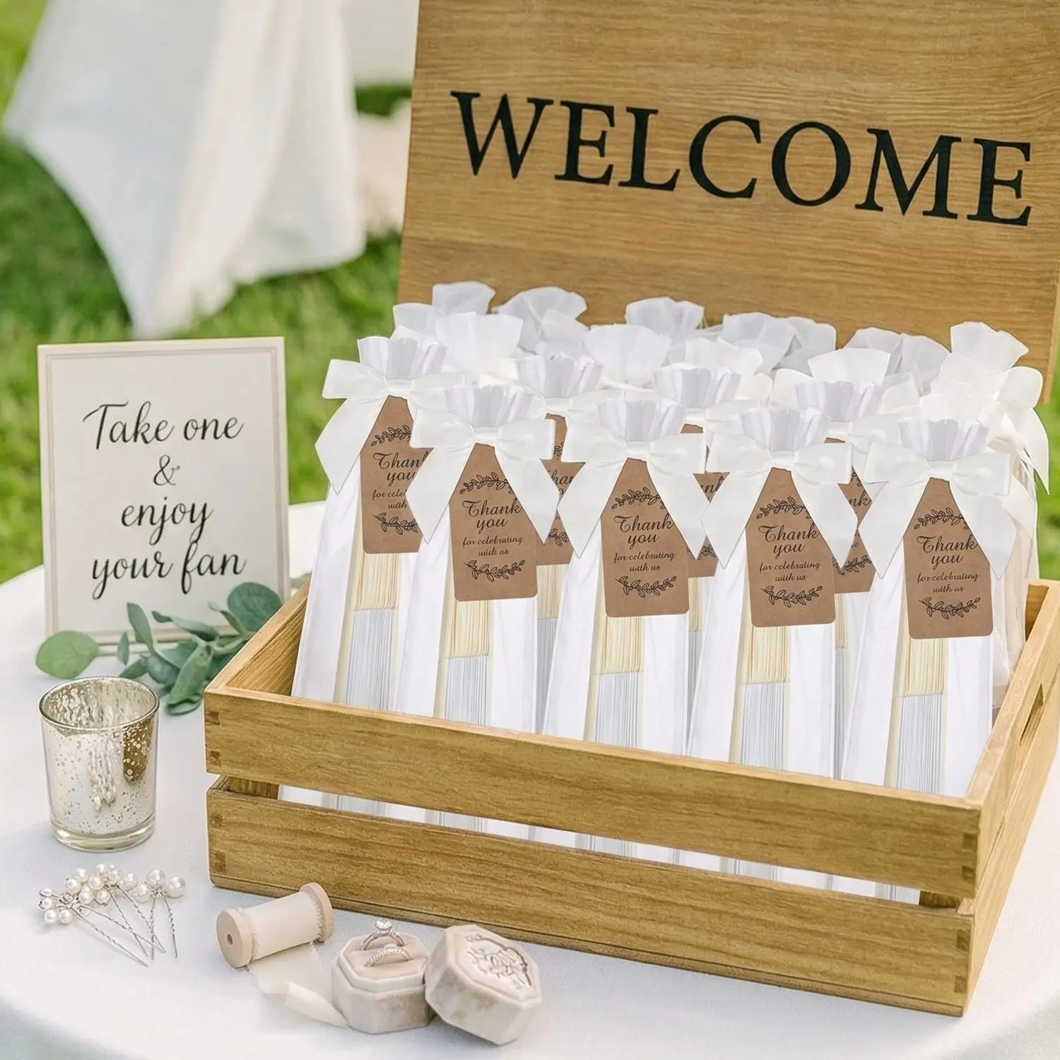 Foldable Hand Fans as Wedding Favors for Her & Him, Comes with Thank You Cards & Organza Bags, White Paper Fans, Suitable for Weddings, Baby Showers, Birthdays & Bridal Showers, Foldable Party Decor, DIY Crafts & Photo Props, Decoration Items