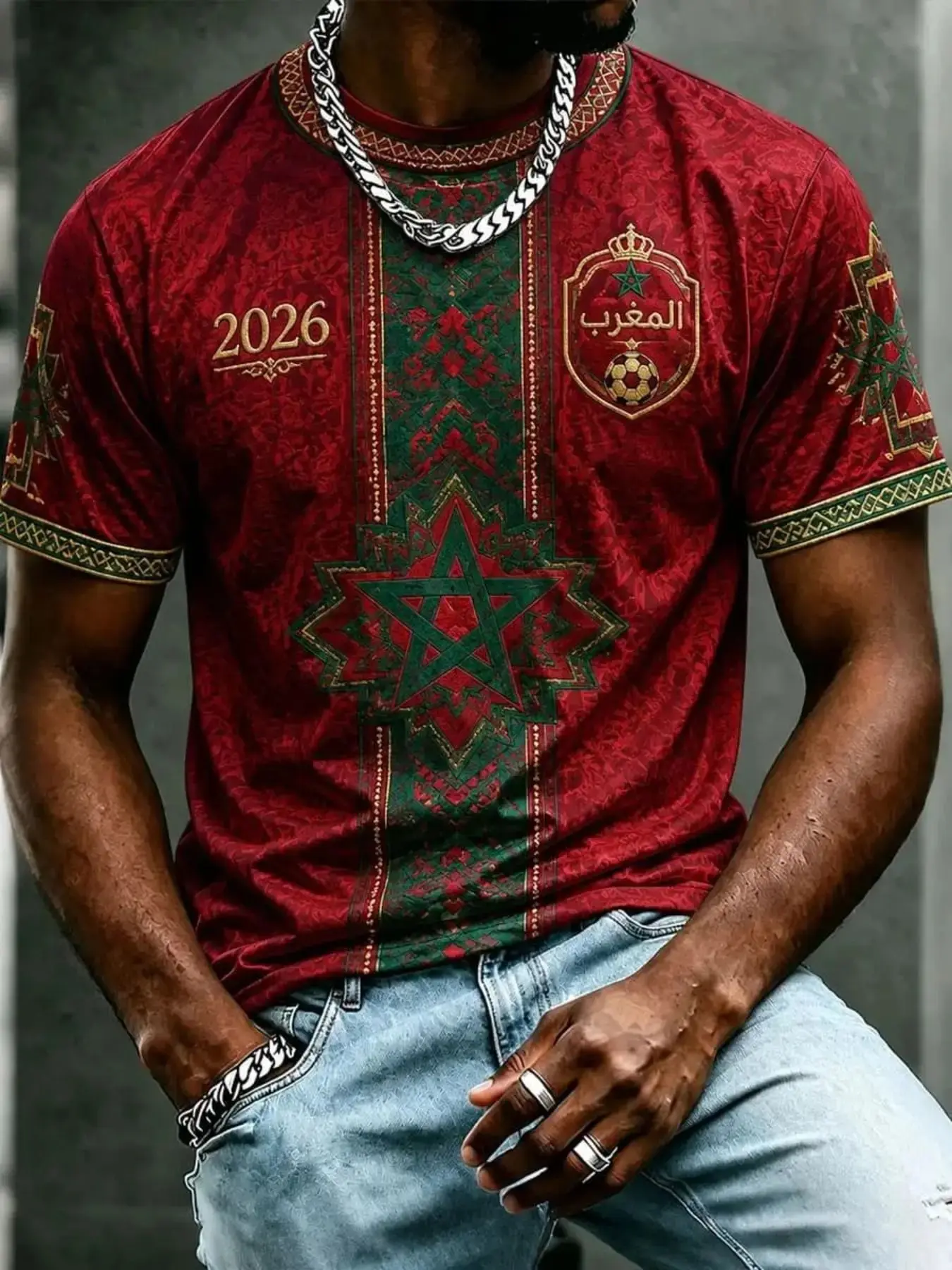 Moroccan Ethnic Star Print Jersey, Vintage Texture, Loose-Fit Short Sleeve T-Shirt, Casual Sportswear, Breathable Summer Sportswear, All-Season Outdoor Wear