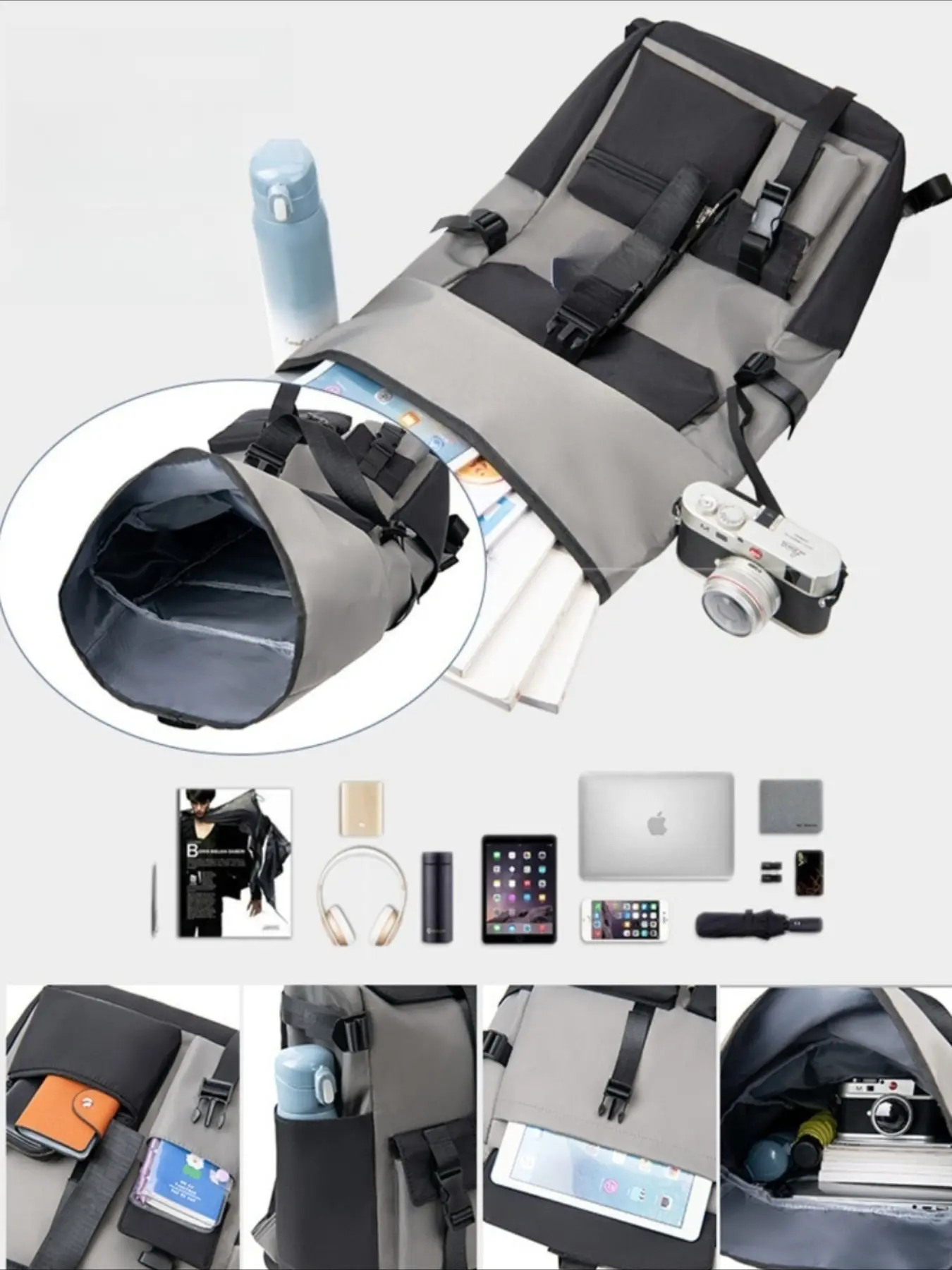 New men's roll-top backpack, simple and stylish, niche roll-top design, computer travel backpack