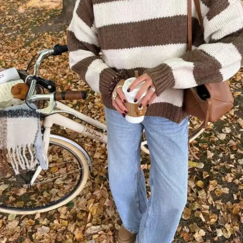 Women's Striped Loose Sweater, Casual Round Neck Long Sleeve Pullover, Winter & Autumn Wide Fit Patchwork Knitwear Knitting