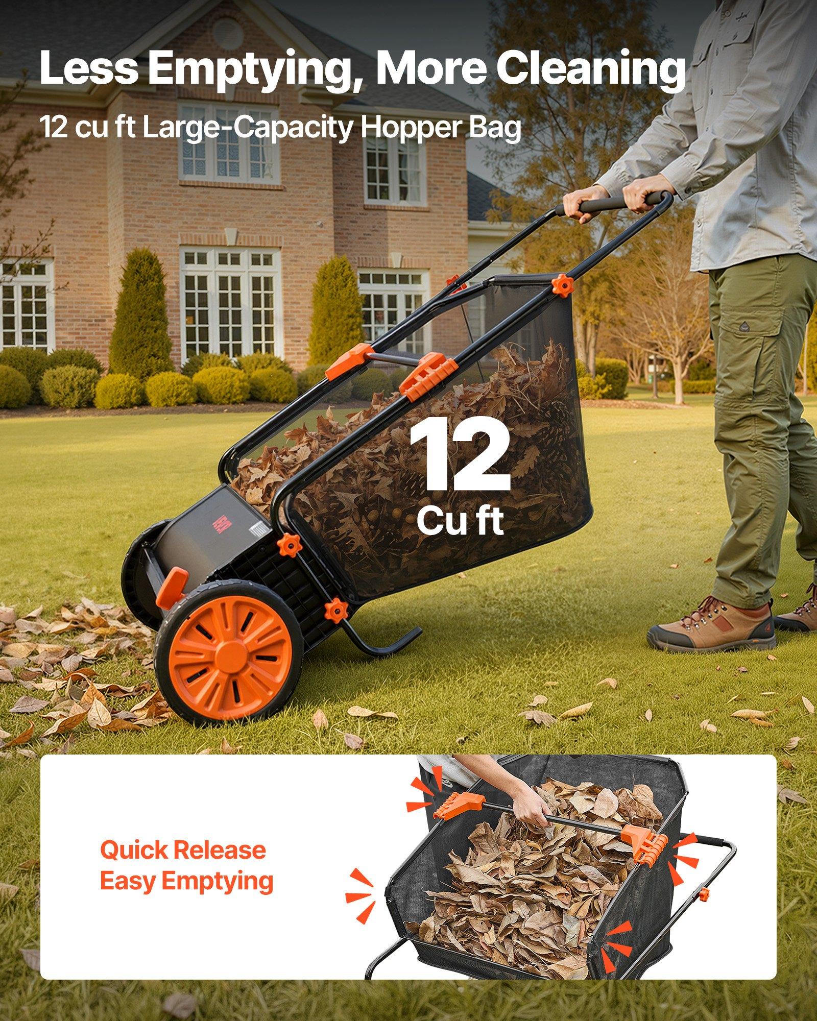 VEVOR Push Lawn Sweeper, 30 in Leaf & Grass Collector with 12 cu. ft. Hopper Bag, Adjustable Brush Height & Spinning Brushes, Heavy Duty Yard Sweeper with Rubber Wheels for Leaves Grass Cleanup