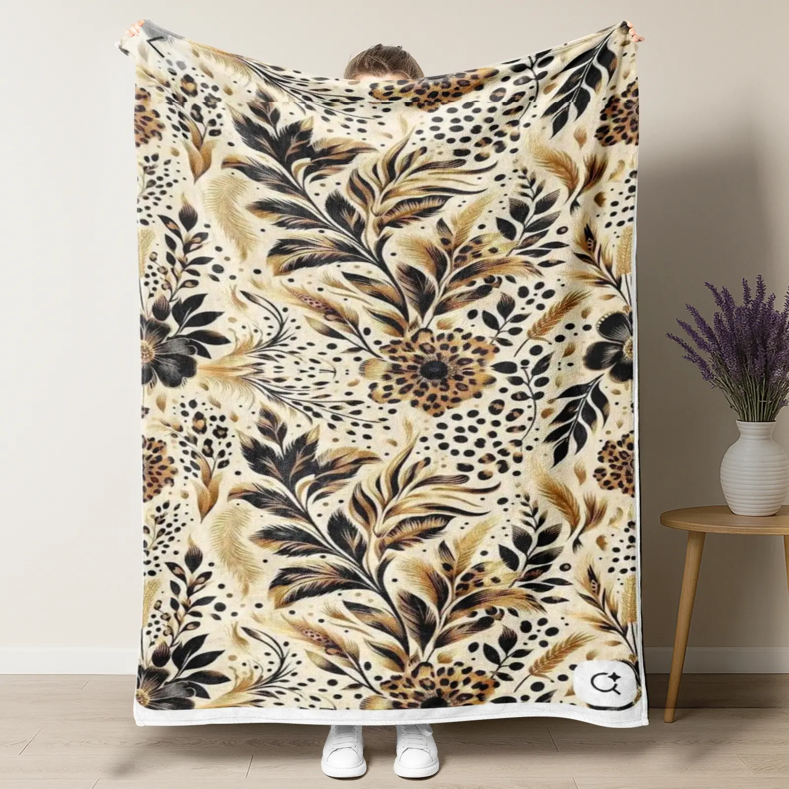 Leopard Botanical Fusion Throw Blanket, Neutral Beige Black Gold Eclectic Wild Floral Soft Flannel Fleece Blanket, Designer Inspired Lightweight Cozy Decorative Blanket for Reading Nook Entryway Living Room, Unique Boho Home Decor Housewarming Gift