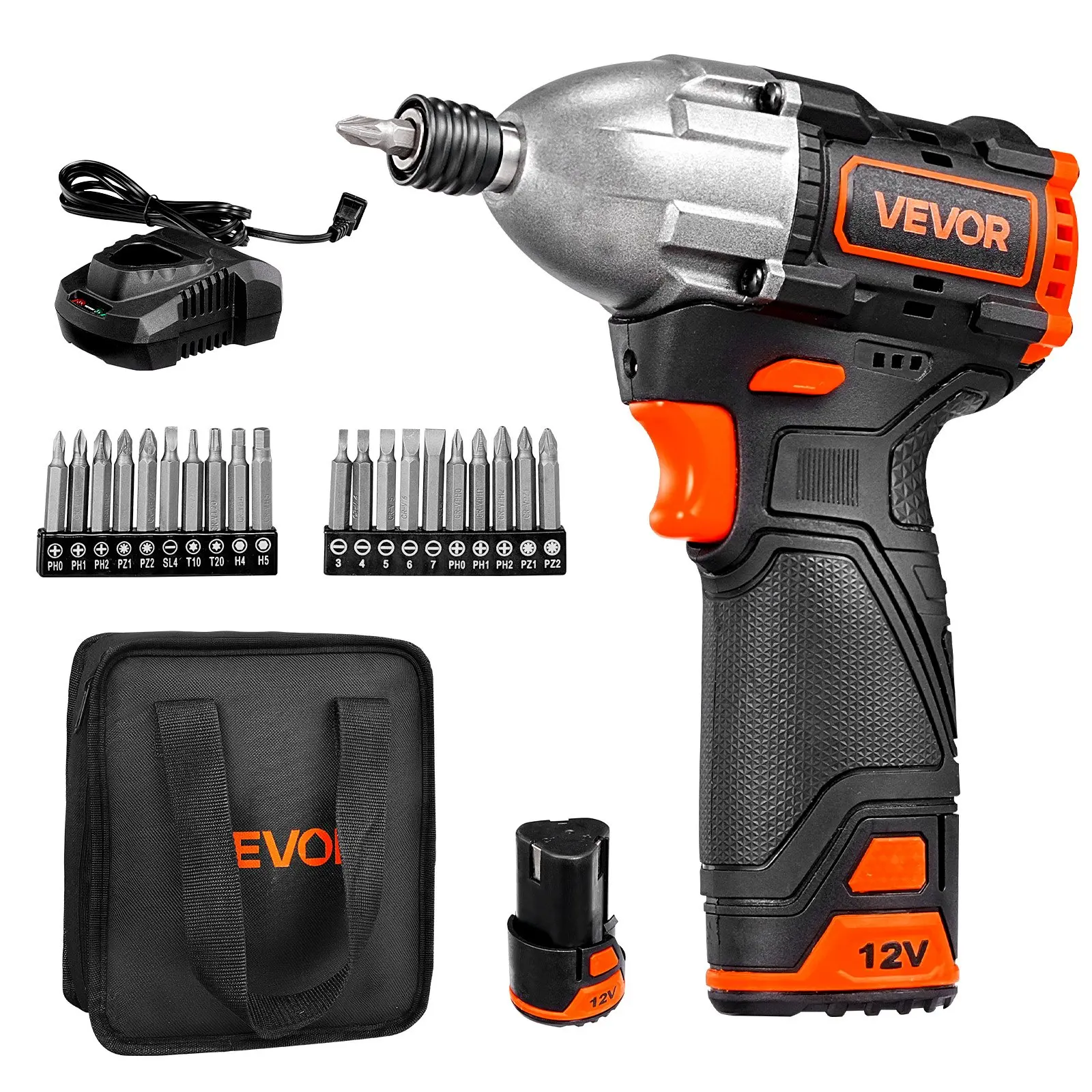 【Summerfinds】VEVOR Impact Driver, 1/4 Inch, 3000 RPM Max Speed, 12 V Brushless Motor, Electric Cordless Impact Driver Kit with Battery and Charger, 20 Bits, LED Work Light, for Furniture, Electrical, Home Repairs