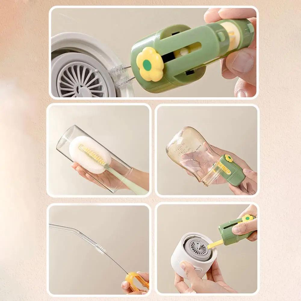 5-in-1 Bottle & Straw Cleaning Brush – Baby Bottle Brush Cleaner,Multifunctional Tool for Bottles, Cups, Straws (Cream White/Jasmine Green)