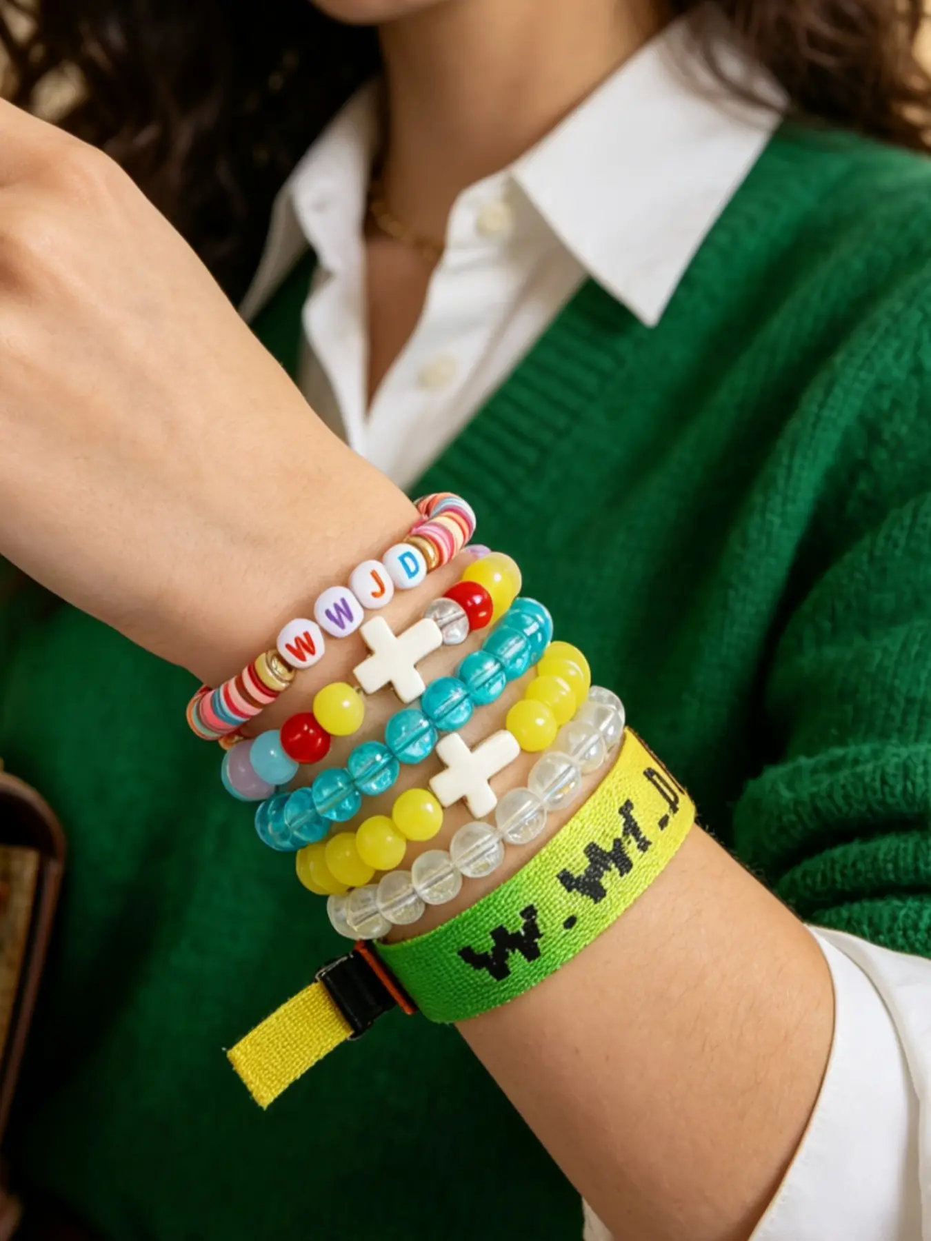 2/6 Pcs Wwjd Layered Beaded Bracelet Set, Colorful Cross Decorative Elastic Bead Chain + Webbing Wristband, Y2K Retro Friendship Couple Bracelets
