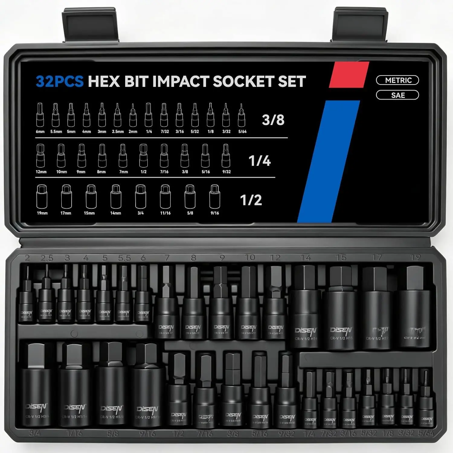 32 count HEX Bit Socket Set, SAE & Metric Allen Wrench Socket Set | Drive Master Allen  Socket Set with  Storage Case, Chrome Vanadium Steel & S2 Alloy Steel